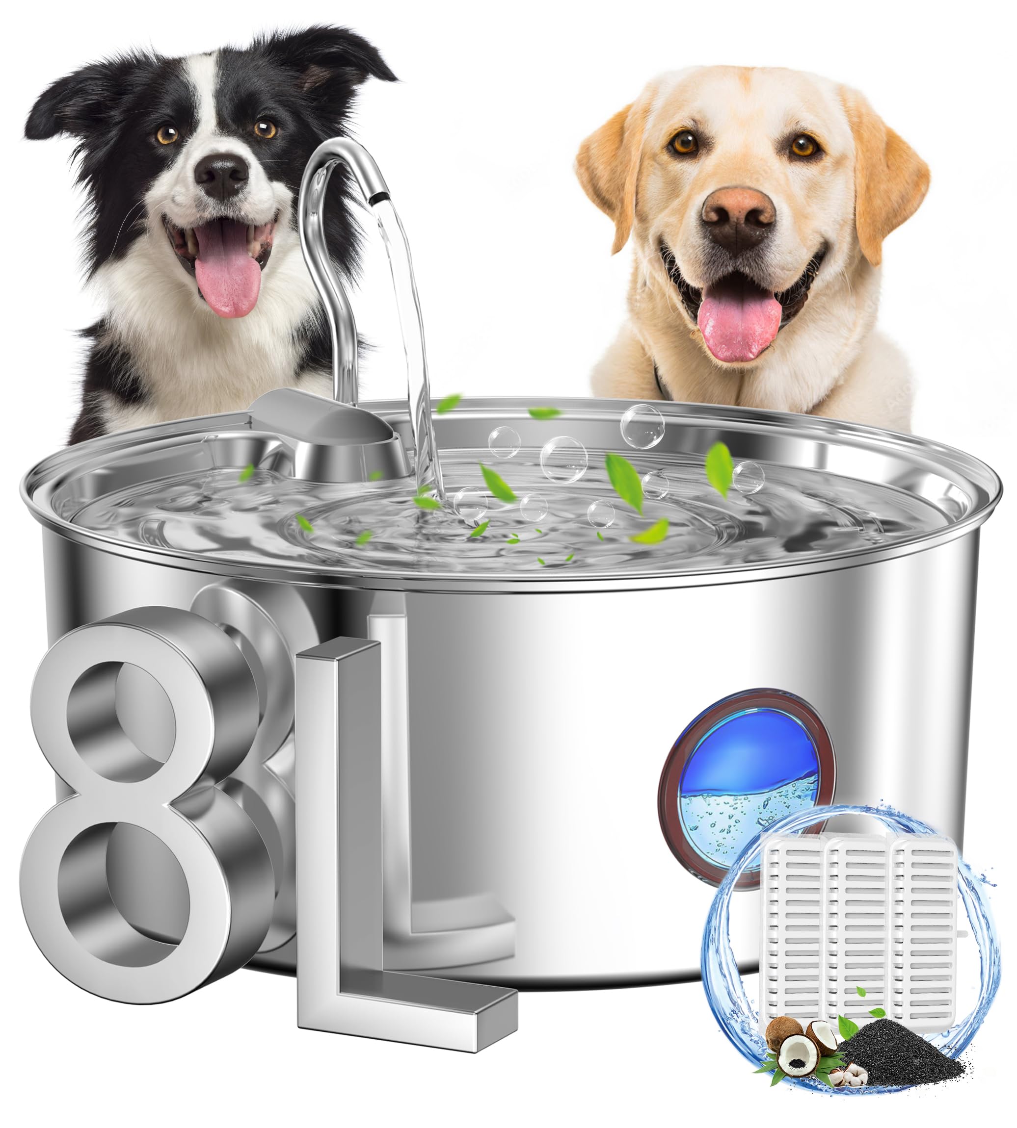 Subteenmate Dog Water Fountain For Large Dogs- 270Oz/8L Stainless Steel Dog Water Bowl Dispenser Automatic Pet Water Fountain Wi