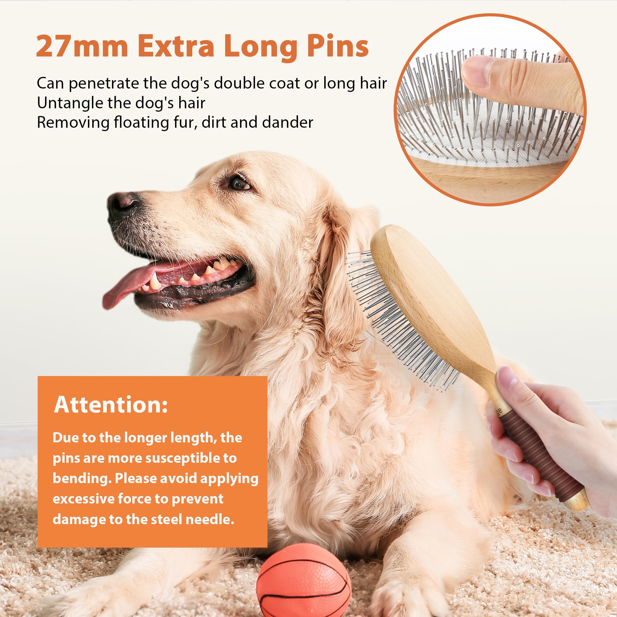GROOMAGE Dog Brush for Long Haired Dogs - 27mm Extra Long Pin, Beech Wood, Non-Slip Handle, Round-Tipped Pins