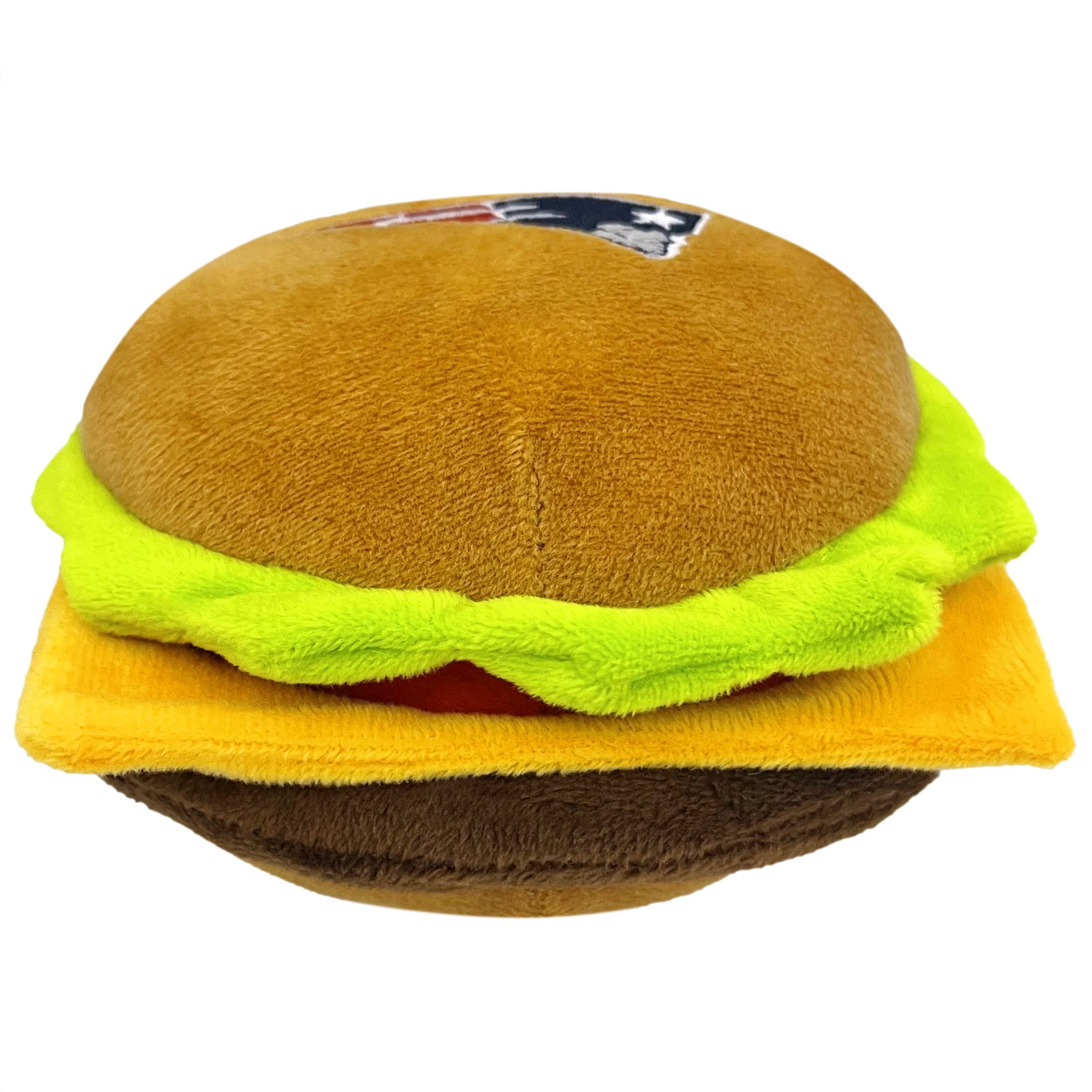 Pets First Nfl New England Patriots Cheese Burger Plush Dog & Cat Squeak Toy - Cutest Stadium Hamberger Snack Plush Toy For Dogs & Cats With Inner Squeaker & Beautiful Football Team Name/Logo