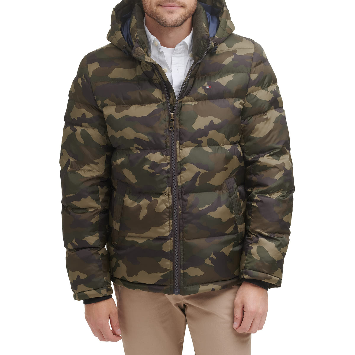 Tommy Hilfiger Mens Hooded Puffer Jacket, Olive Camouflage, Large