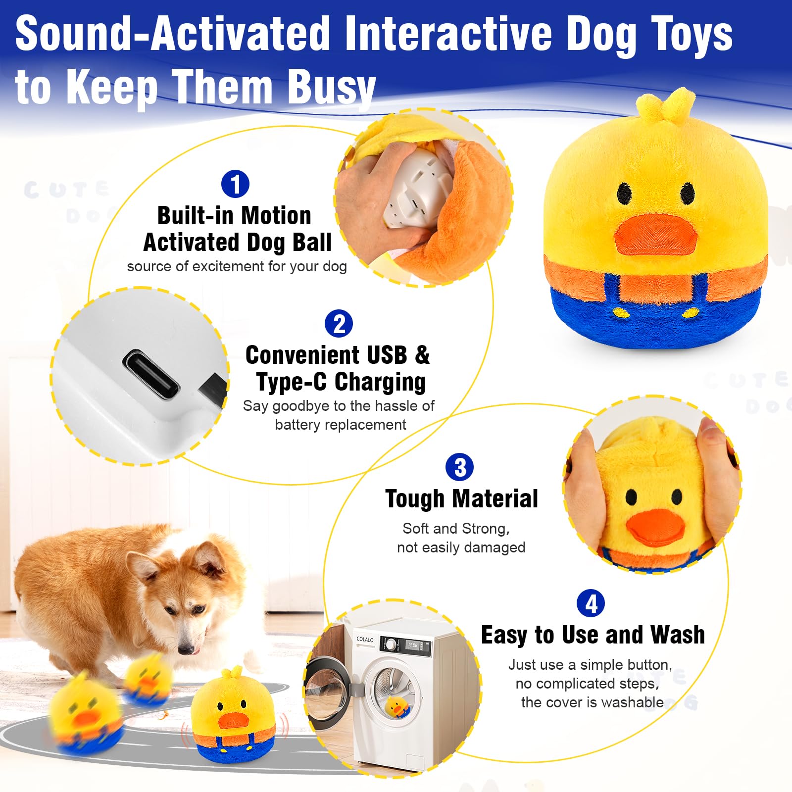 VYsTN Interactive Dog Toys - Rechargeable Vibrating, Jumping & Talking - Duck Model - Yellow & Blue for Small & Medium Dogs