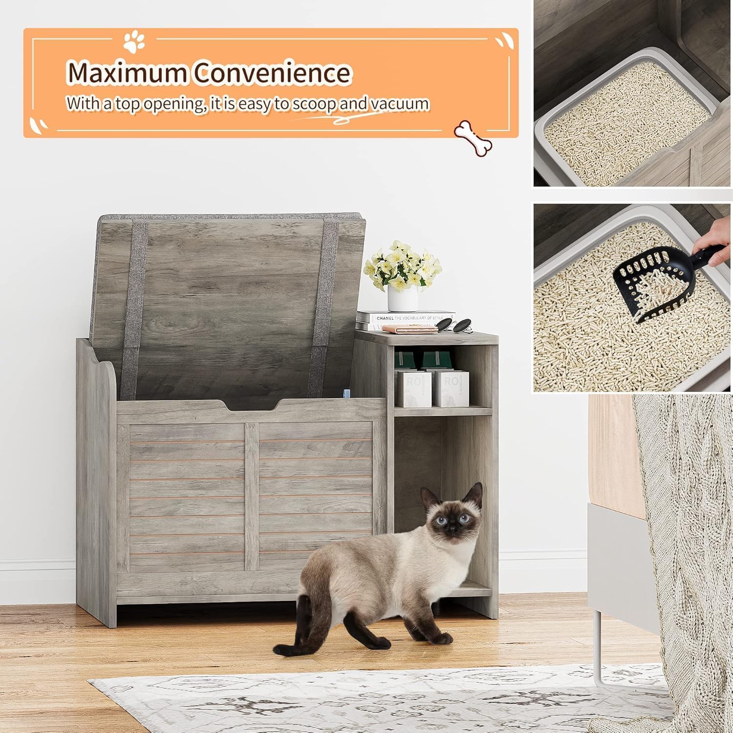 GAOMON Cat Litter Box Enclosure, Large Hidden Litter Box Furniture with Top Opening, Cushion, Storage Shelf, Litter Mat, Wooden