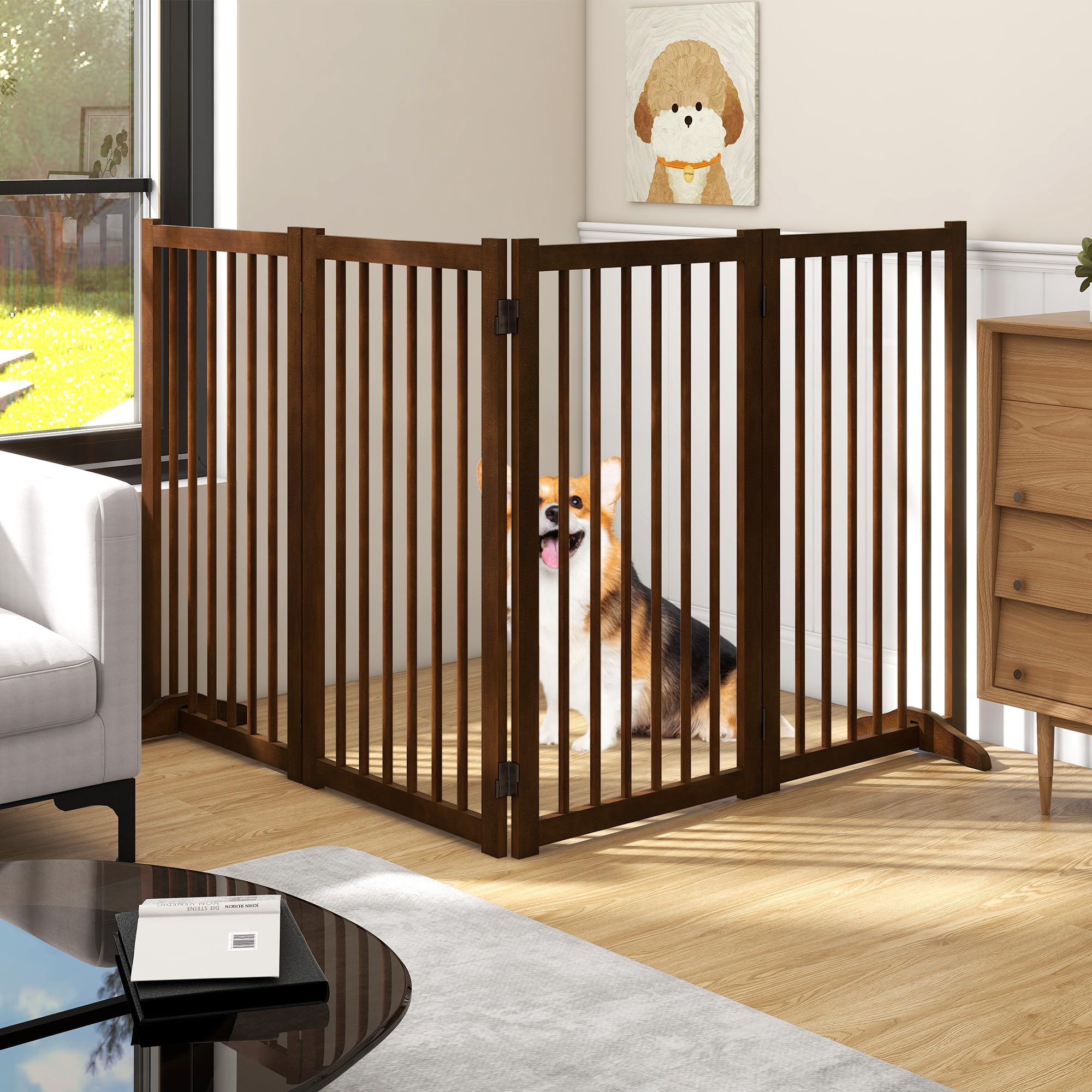36'' H Freestanding Pet Gate, Solid Wood Foldable Dog Gate with Support Feet, Wooden Tall Dog Gate for Doorway, Stairs & Indoor