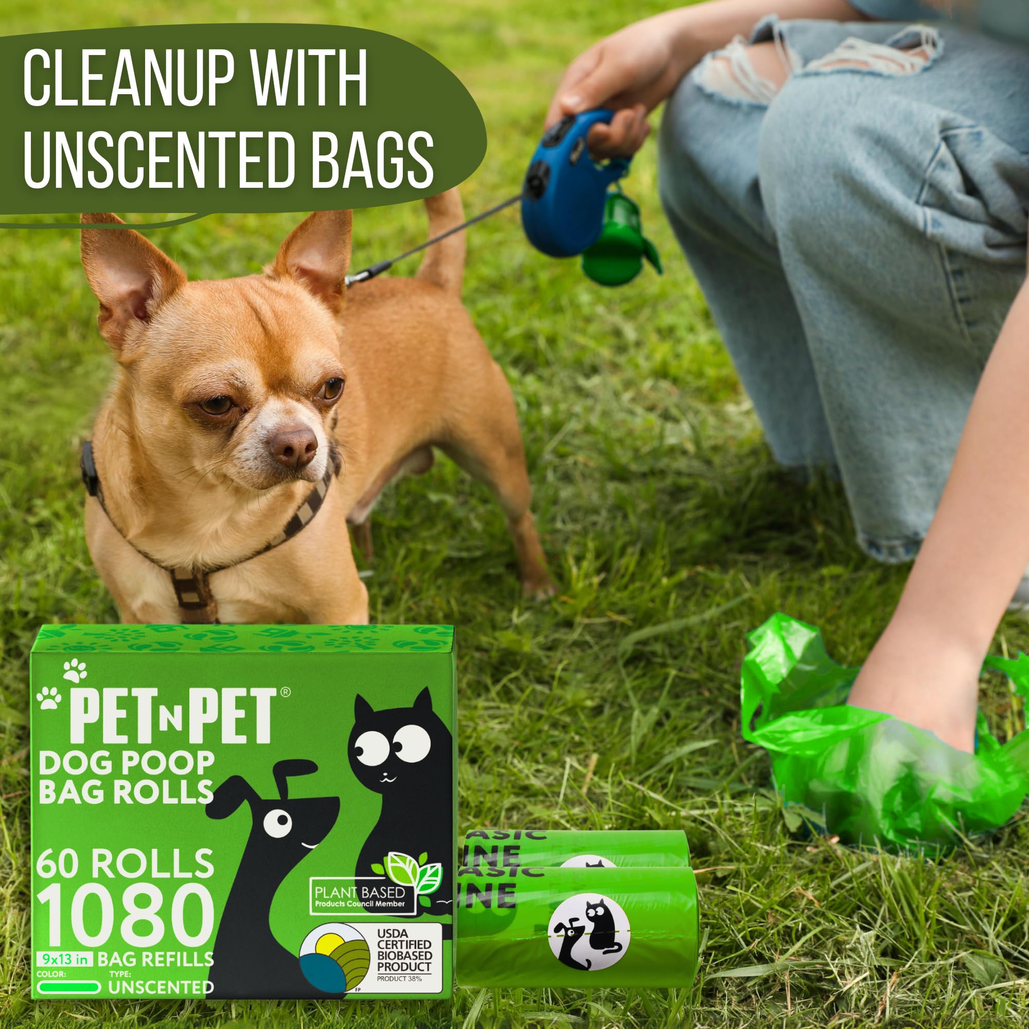 Pet N Pet 1080 Counts Green Poop Bags For Dogs, 38% Plant Based & 62% Pe Extra Thick Dog Poop Bags Rolls, 9' X 13', Unscented Pet Waste Bag