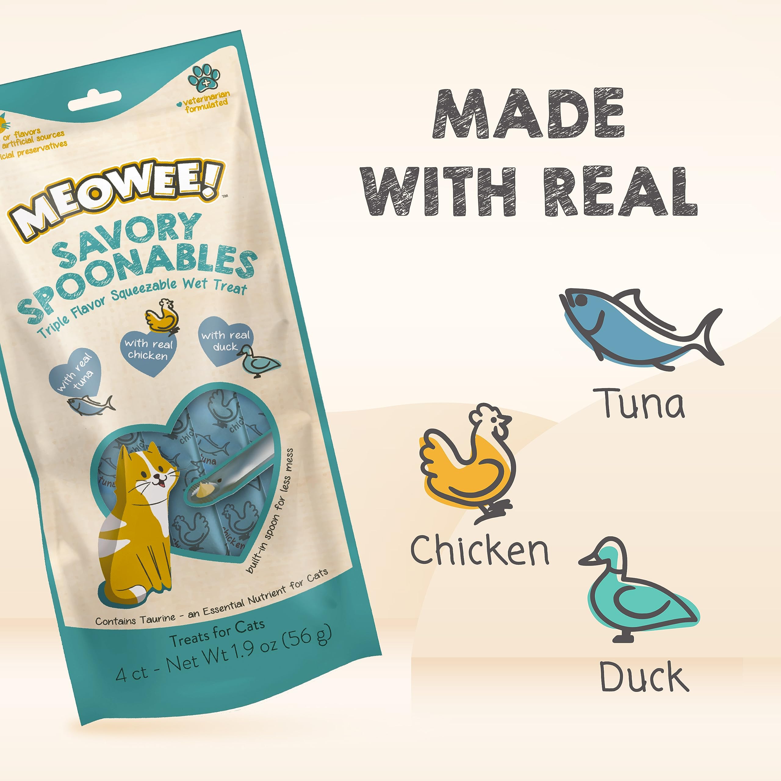 MEOWEE! Savory Spoonables with Real Tuna, Chicken & Duck, 4 Count Tube, Triple Flavor Squeezable Lickable Wet Treats for Cats wi