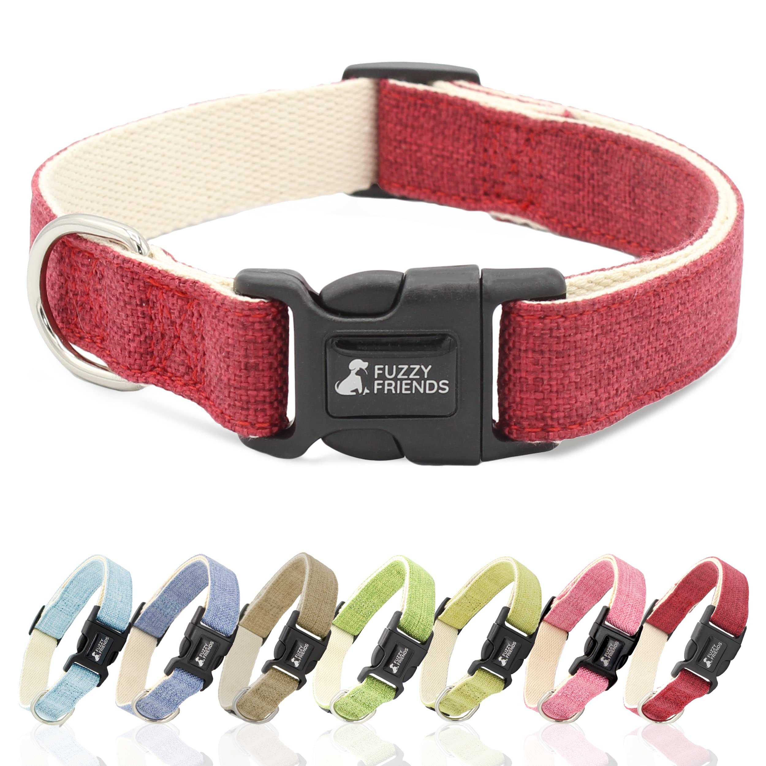 Fuzzy Friends Red Hemp Collar. Hypoallergenic Collar Great For Sensitive Skin Or Allergies. 5 Sizes: X-Small, Small, Medium, Lar