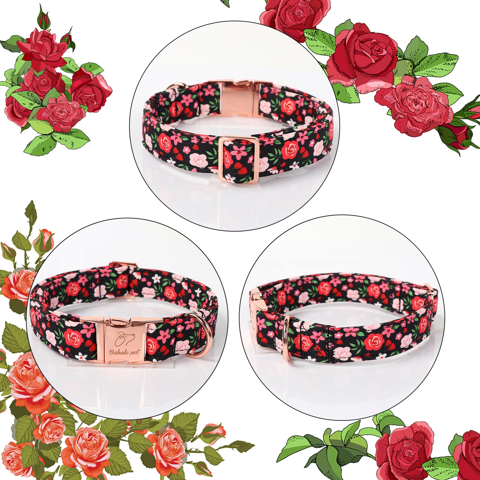 Babole Pet Vintage Dog Collar - Adjustable Black Floral Dog Collars For Medium Dogs Male Female Pet Soft Padded Metal Buckle Col