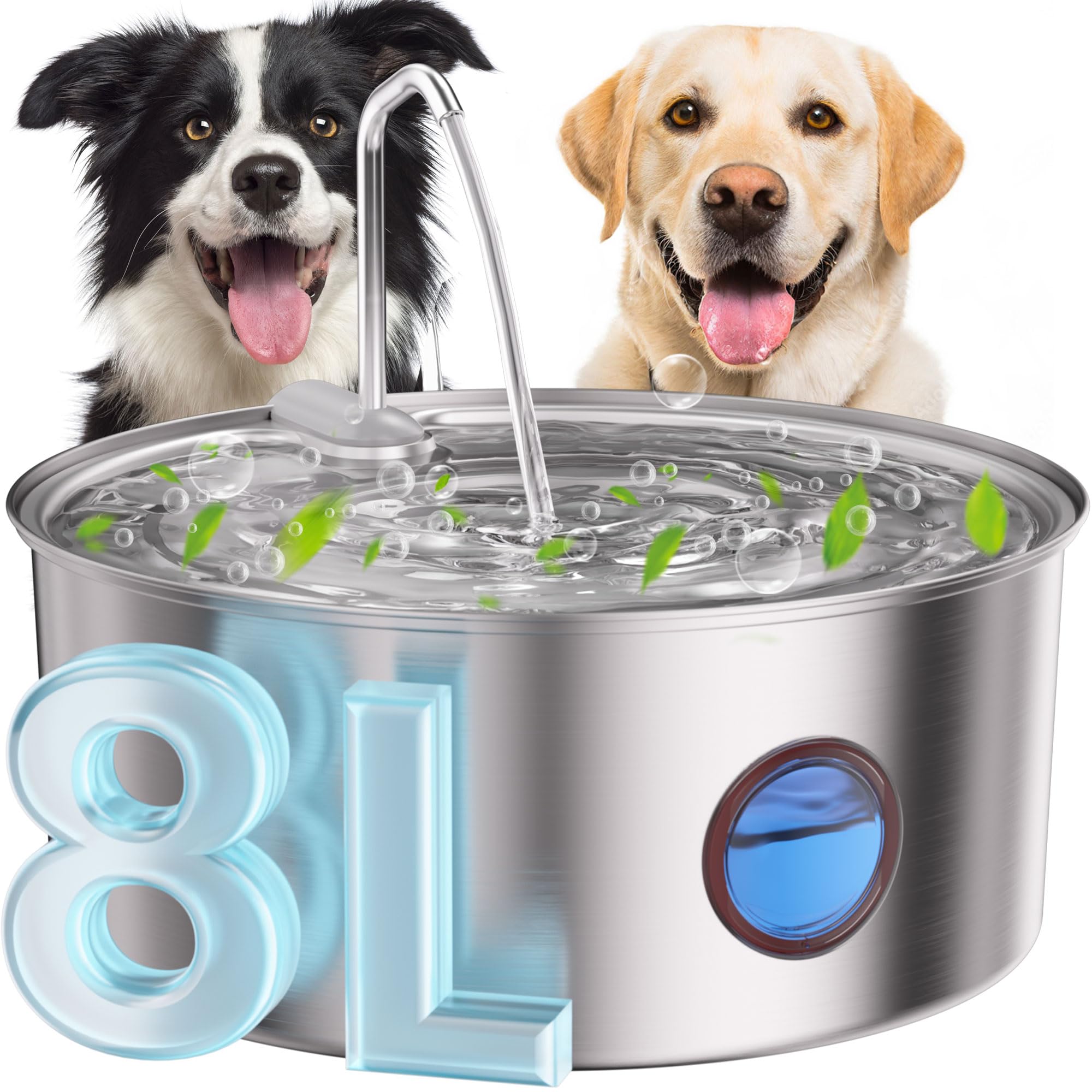Dog Water Fountain Stainless Steel 8L Automatic Pet Waterer, Quiet Pump, Visible Water Window, Easy to Clean for Large Dogs & Mu