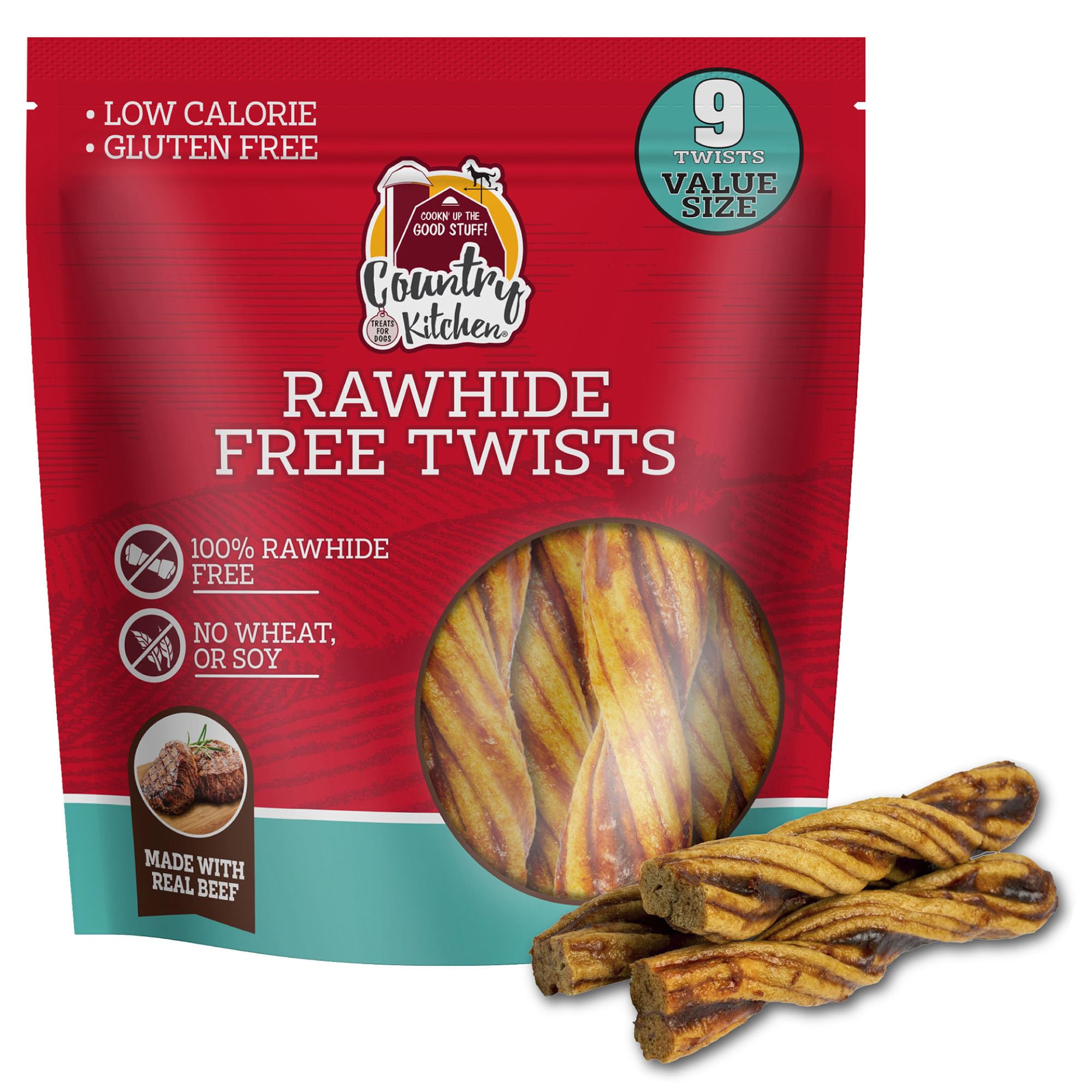 Country Kitchen Rawhide Free Twists Dog Chews, Made with Real Beef, 9 Count
