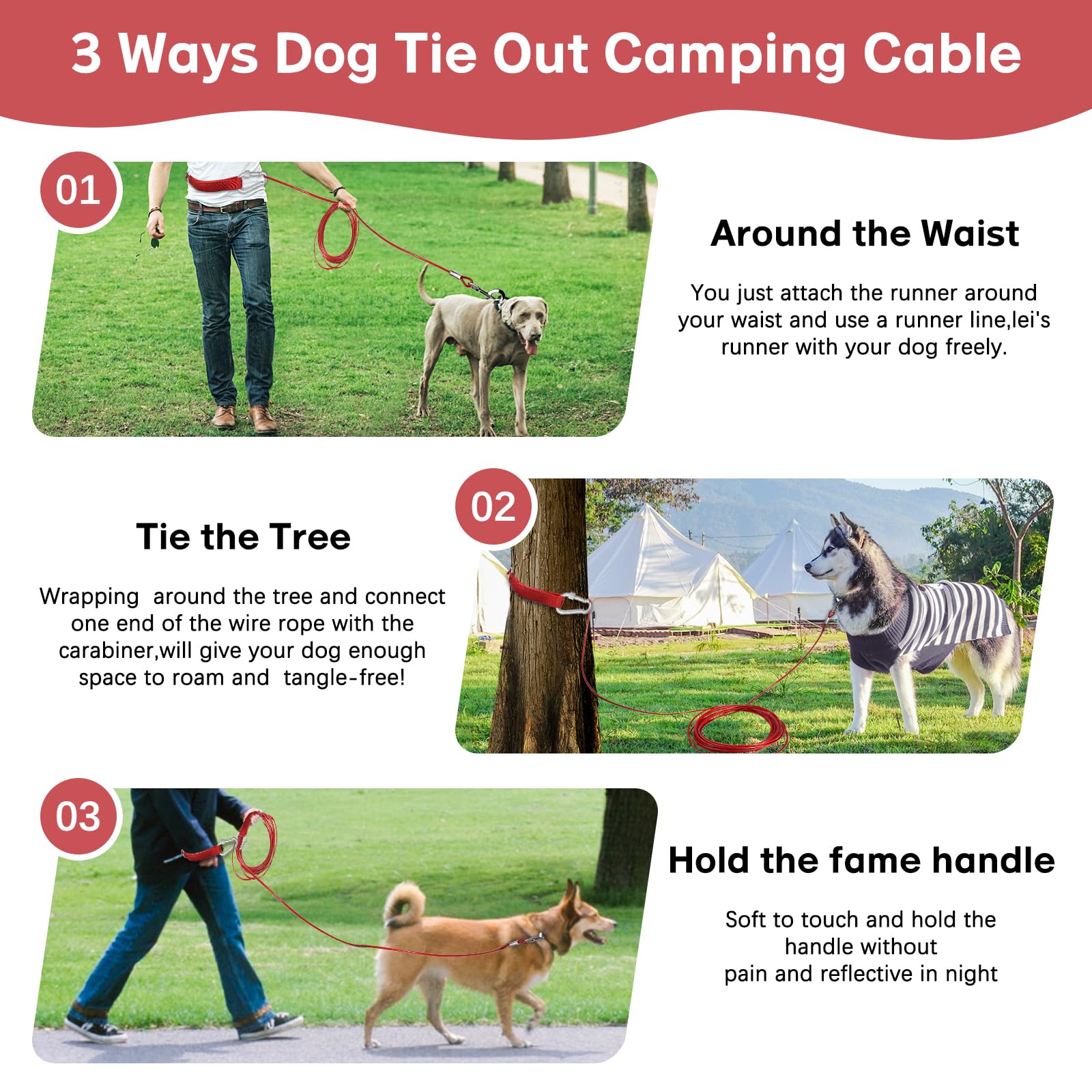 Heavy Duty Dog Leash - Chew Proof Tie Out Cable With Carabiner, 10/20/30/50 Ft, Padded Handle For Medium Large Dogs