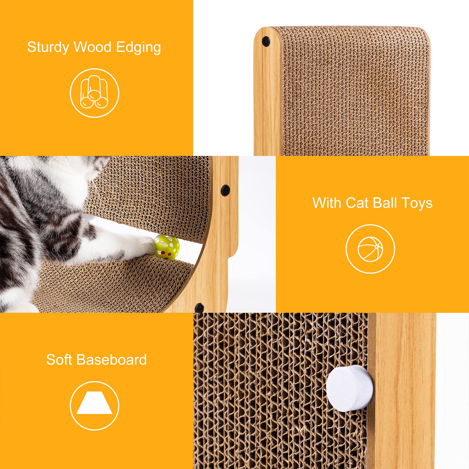 Poils Bebe L Shape Cat Scratcher, 26.8 Inch Cat Scratchers For Indoor Cats, Protecting Furniture Cat Scratch Pad, Cardboard Cat Scratching With Ball Toy, Catnip, Large