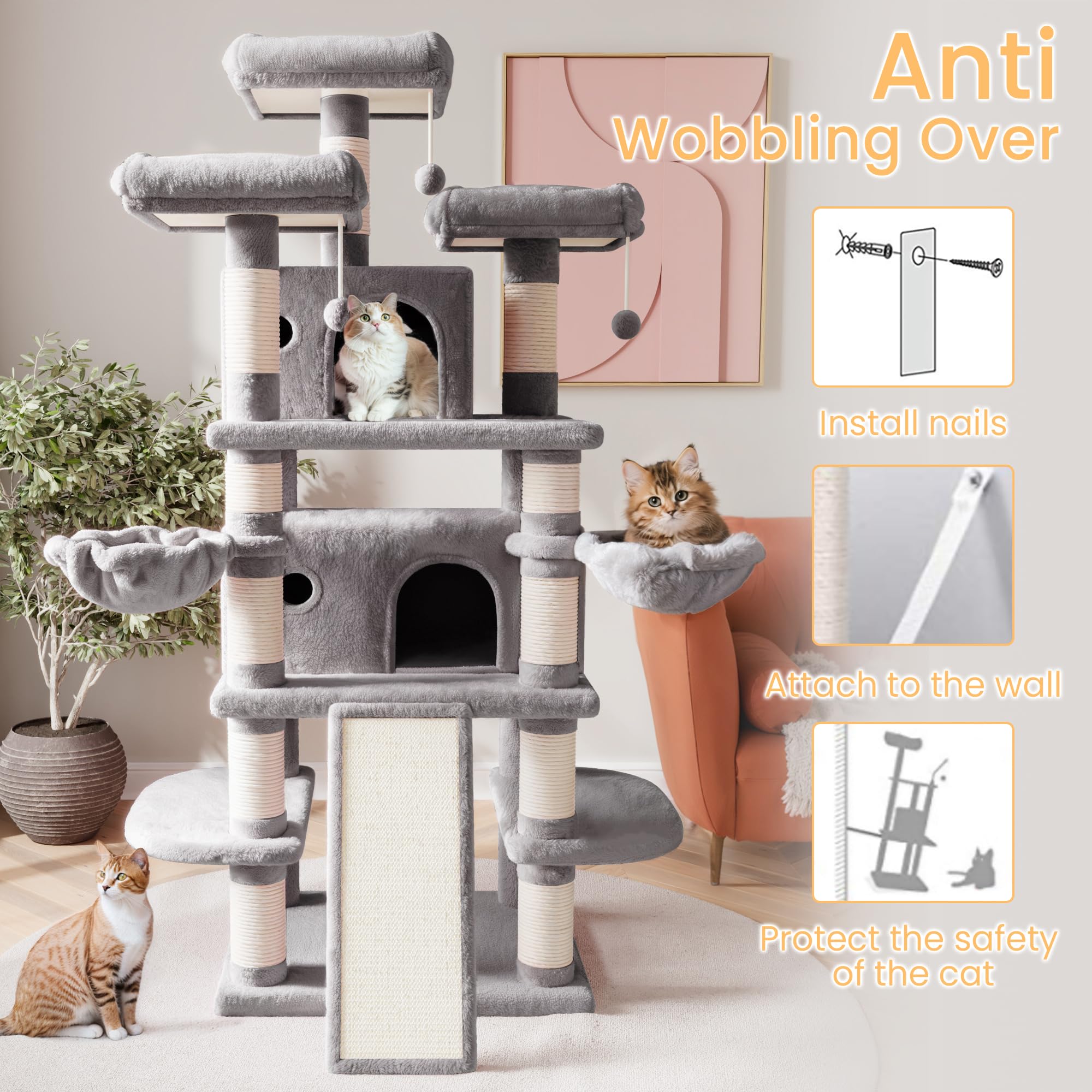 Sha Cerlin 68 Inches Multi-Level Large Cat Tree For Large Kitties/Big Cat Tower With Condo/Cozy Plush ‌Pussycat Perches/Sisal Scratching Posts And Hammocks/Activity Center/Grey