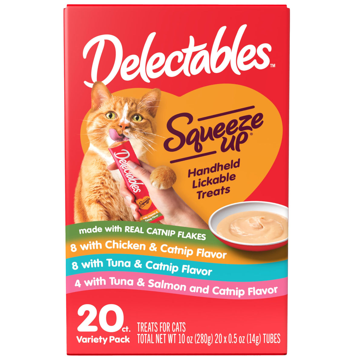 Delectables Squeeze Up Catnip Variety Pack, Creamy Squeezable Puree, Lickable Wet Cat Treats, Grain Free, No Added Fillers, No By-Products, No Added Preservatives, 0.5 Ounces Tube, 20 Tubes Total