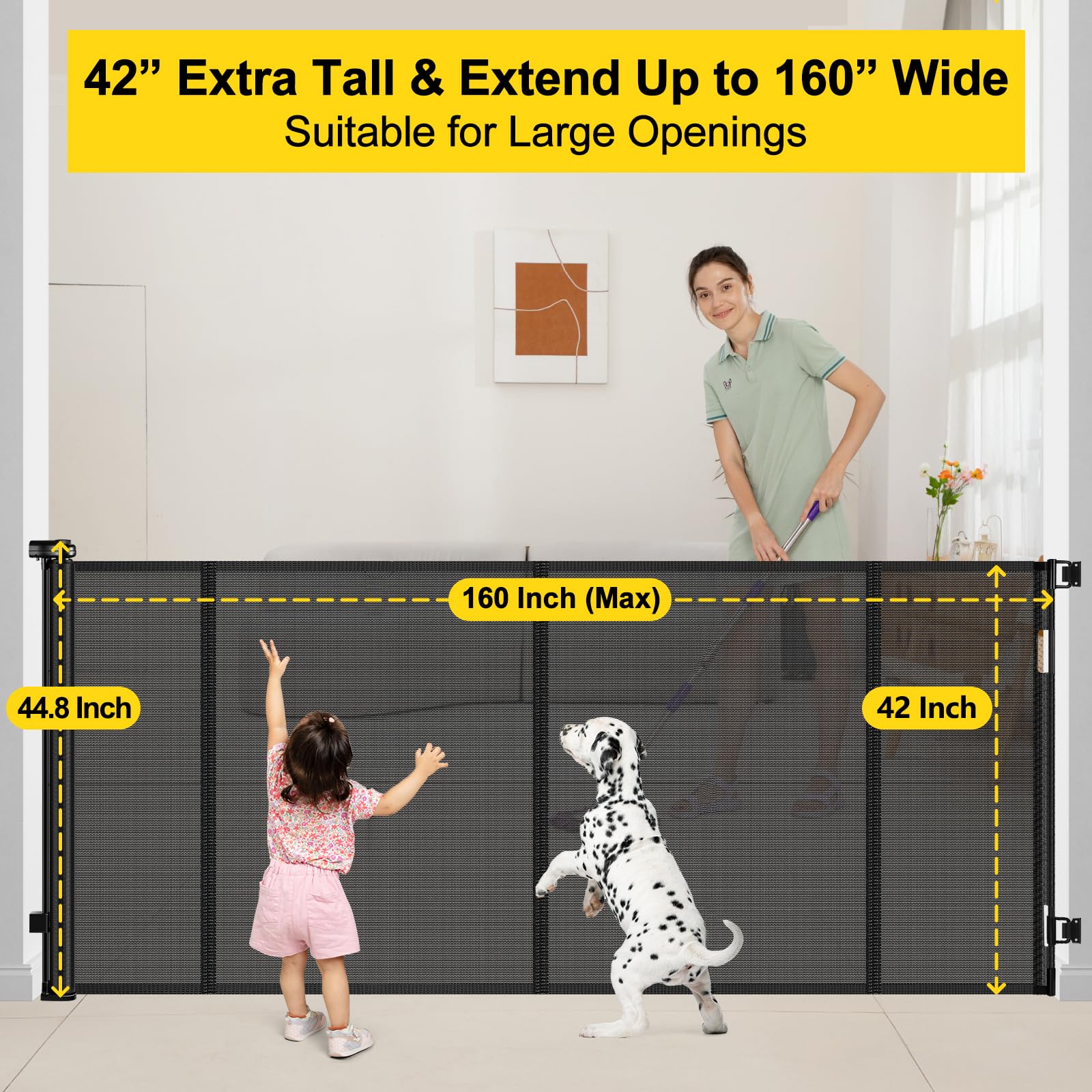 Reinforced 42    Tall x 160    Extra Wide Retractable Baby Gates with Support Rods, Outdoor Pet Gate for Wide Openings, Tall Bab