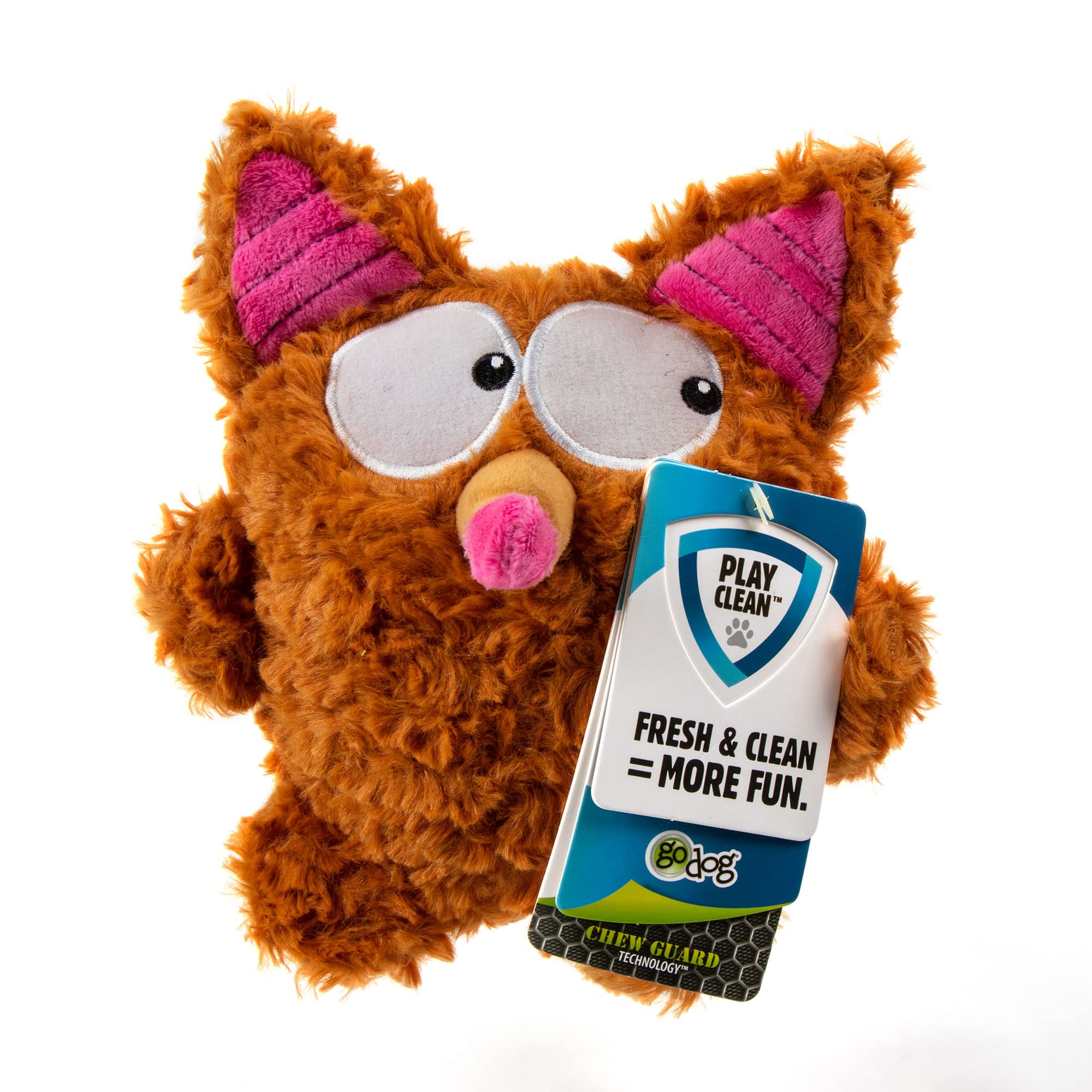 Godog Playclean Bush Squeaky Plush Dog Toy With Odor-Eliminating Essential Oils, Chew Guard Technology - Brown, Large