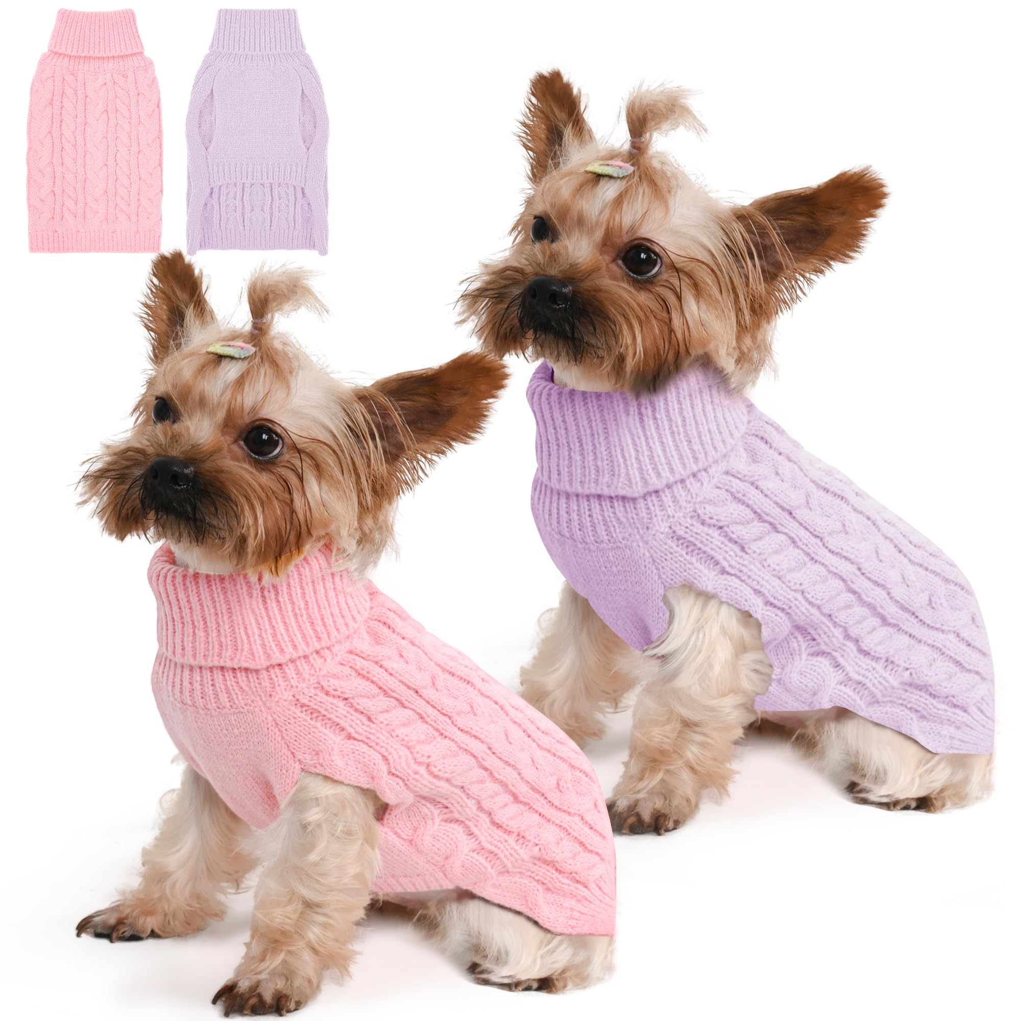 Lorehelina 2 Pack Dog Sweaters for Small Dogs Winter Turtleneck Pullover Cable Knit Fleece Stretch Puppy Doggie Chihuahua Toy Po