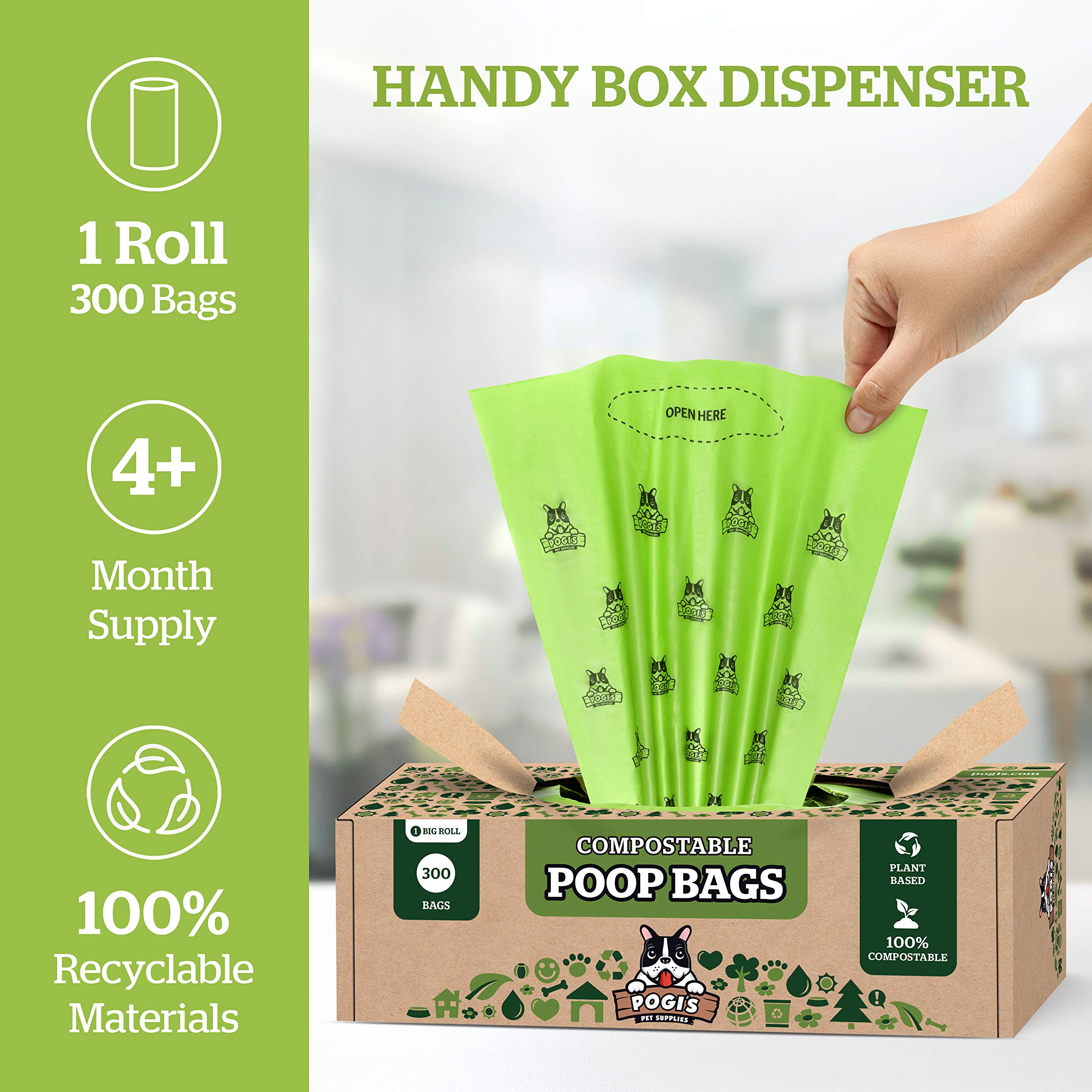 Pogi? Compostable Dog Poop Bags - 300 Plant-Based Grab & Go Dog Waste Bags - Leak-Proof, Extra-Large, Astm D6400, En 13432 Certified Poop Bags For Dogs