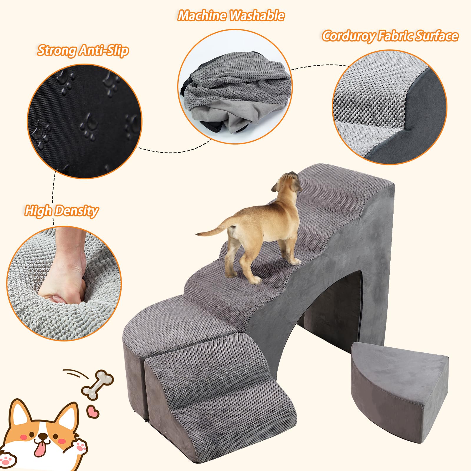 Dog Stairs For Small Dogs, 30 Inch High Dog Steps For High Bed, 6 Tier Foam Dog Ramp For Bed, Non-Slip Pet Stairs For Old Dogs/C