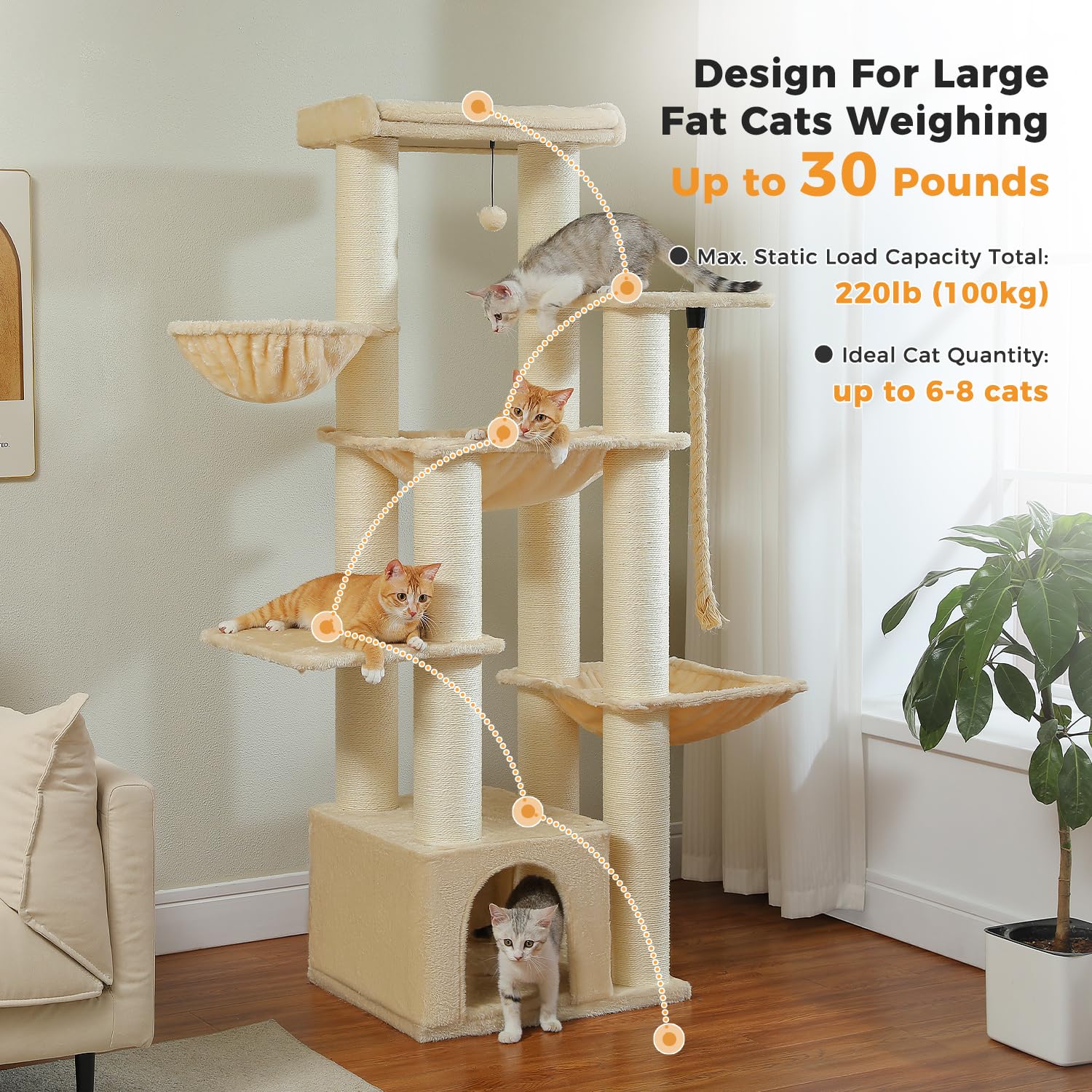 MUTTROS Large Cat Tree - 67 Tall Cat Tower for Large Cats, Beige, Multi-Level Condo with 13 Sisal Scratching Posts, Perch & Hammocks