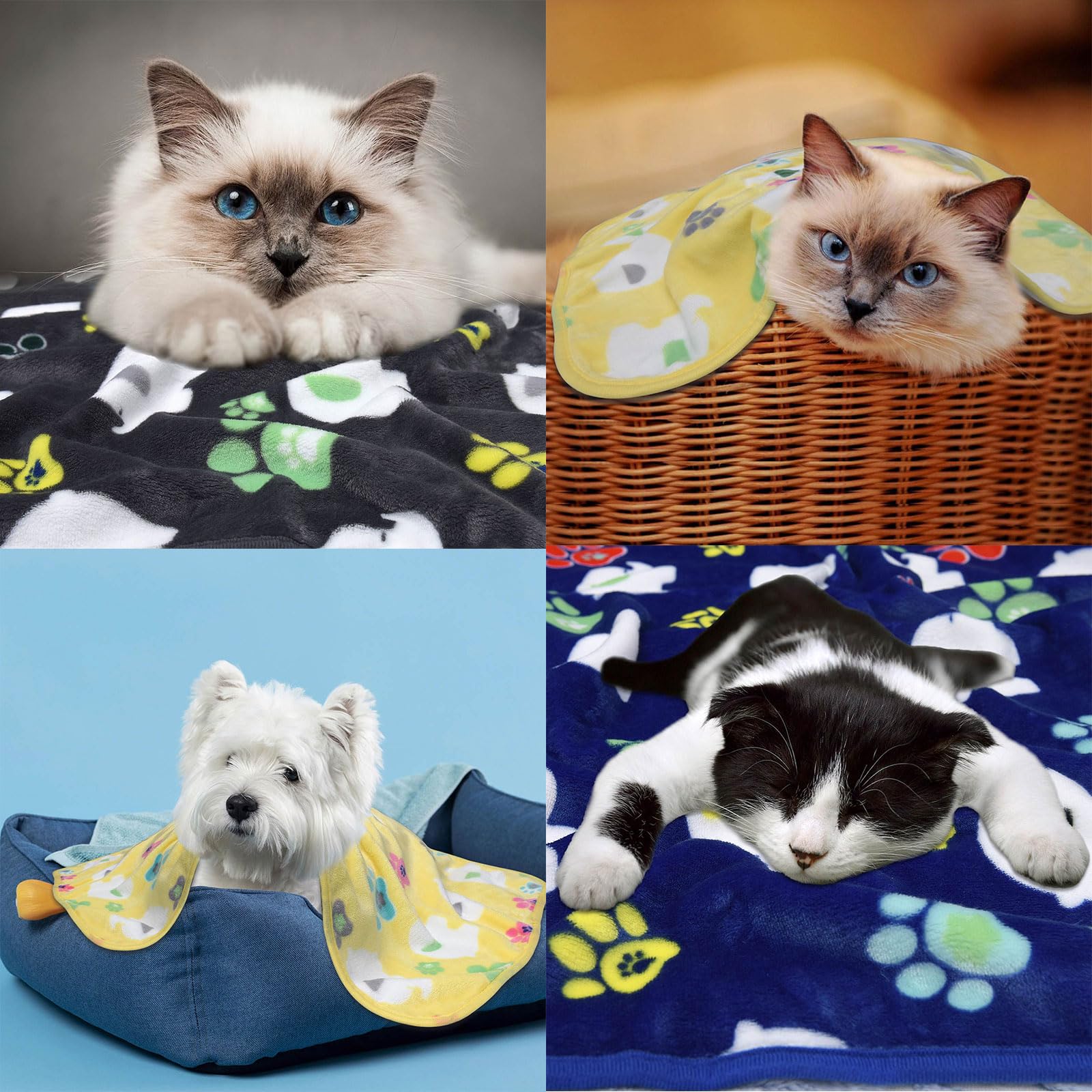 Rezutan Premium Soft Dog & Puppy Blankets, 1 Pack With Flannel Cute Elephant Dog Paw, Small Cat & Kitten Blankets, Grey/Blue/Yel