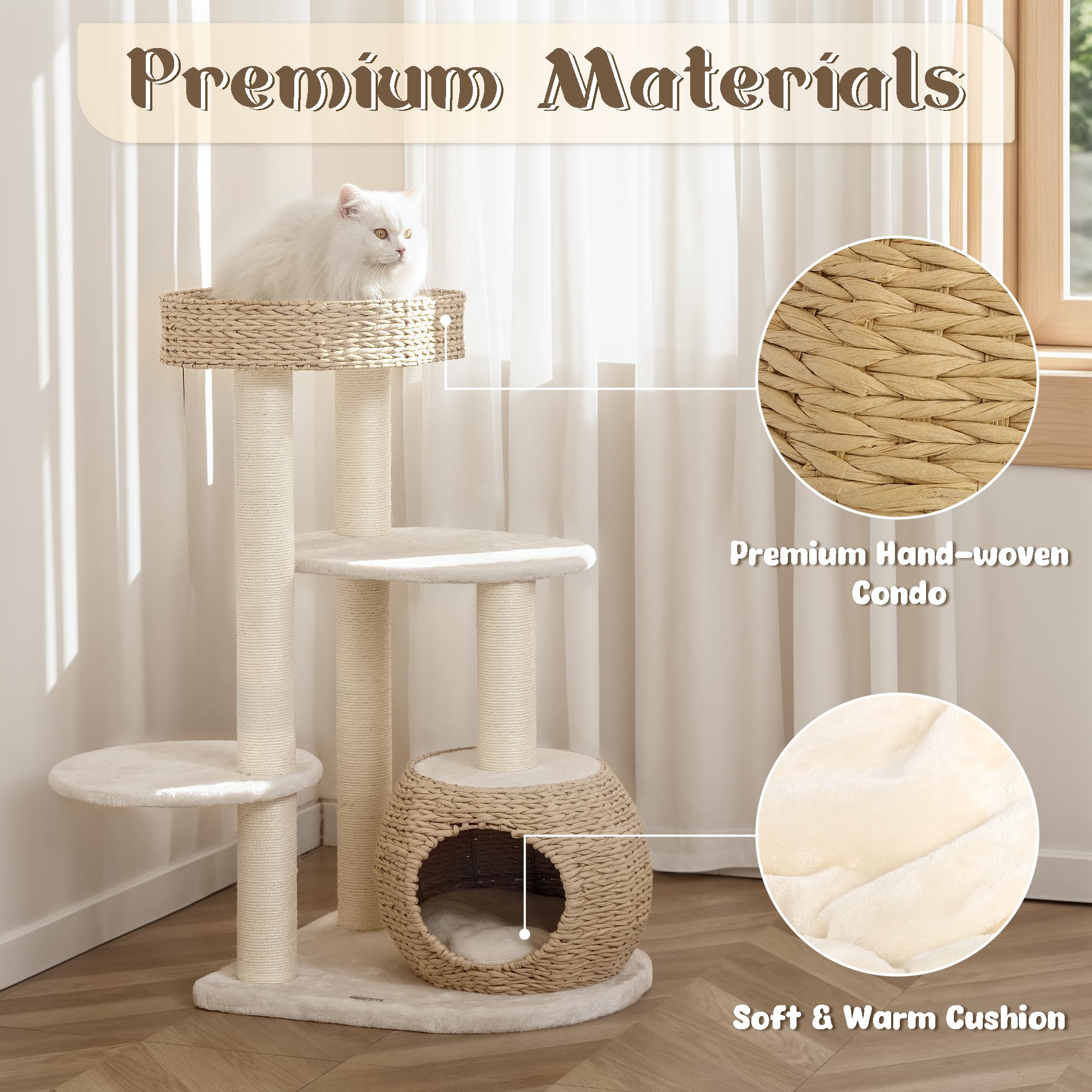 Kamaboko Modern Cat Tree, 39'' Tall Cat Trees For Indoor Cats, Cat Condo Natural Sisal With Scratching Posts, Hand-Woven Tower &