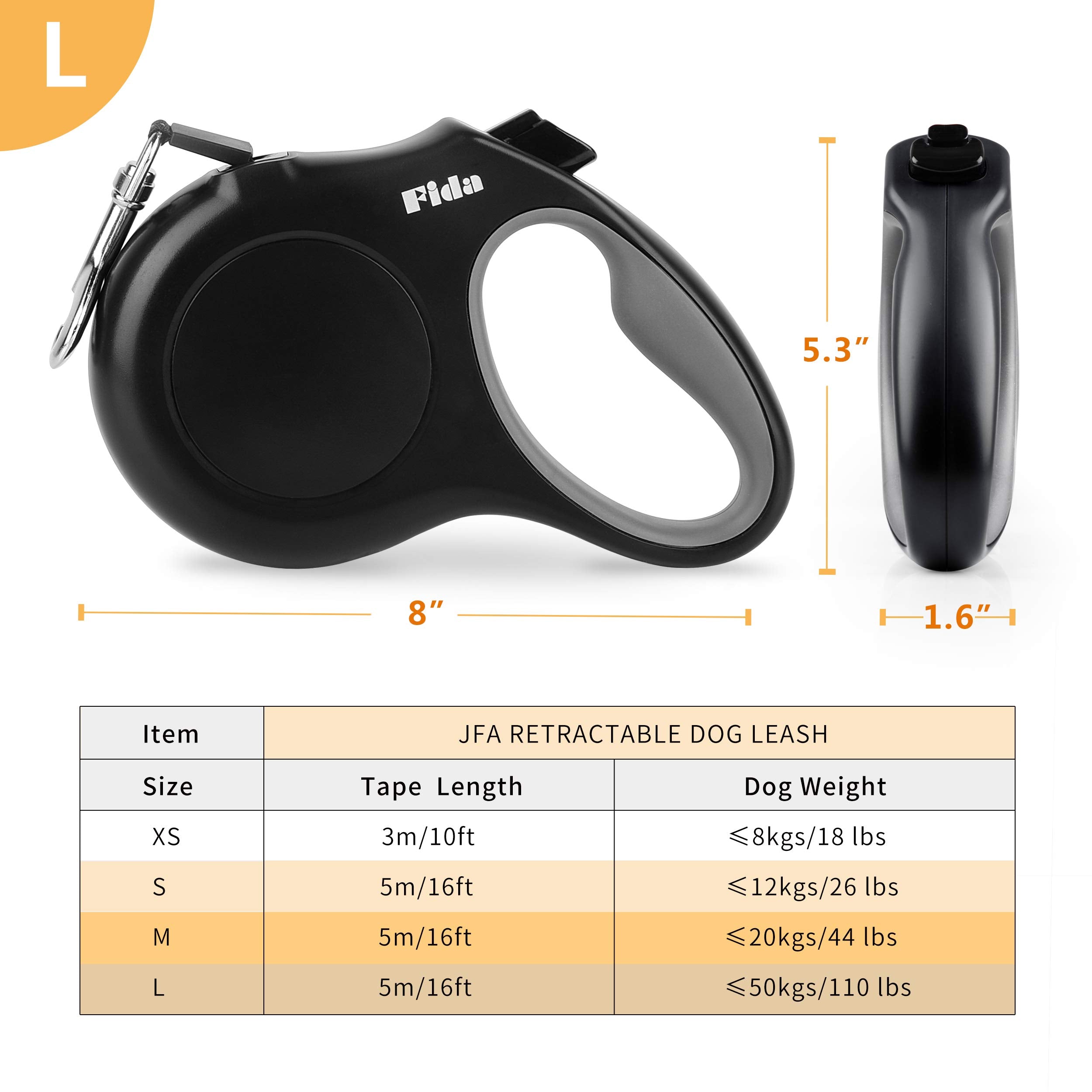 Fida Retractable Dog Leash Large Breed, Heavy Duty 16 Ft Dog Walking Leash, Up To 110 Lbs, 360 Tangle Free, Black