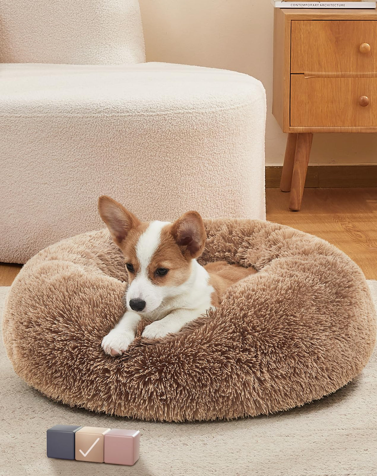 Ohgeni Calming Donut Dog Bed Pillow For Small Medium Pets, Machine Washable Removable Cover, Comfort Plush Fluffy Faux Fur With Anti-Slip Bottom, Cats-Friendly Round Cuddly Design, Ocher, 23 Inches