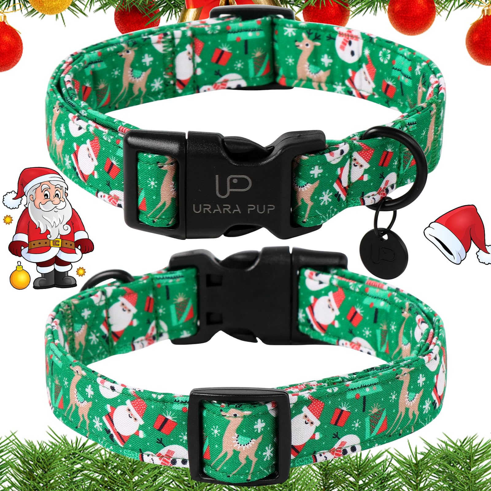 Up Urara Pup Christmas Santa Claus Dog Collar, Cute Christmas Elk Collar For Puppy Girl Boy Dog, Adjustable Christmas Green Dog