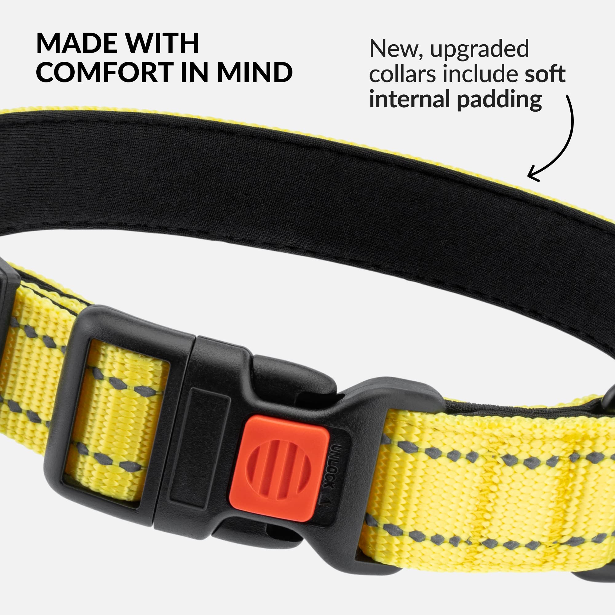 Collardirect Reflective Padded Dog Collar For A Small, Medium, Large Dog Or Puppy With A Quick Release Buckle - Boy And Girl - Nylon Suitable For Swimming (18-26 Inch, Yellow)