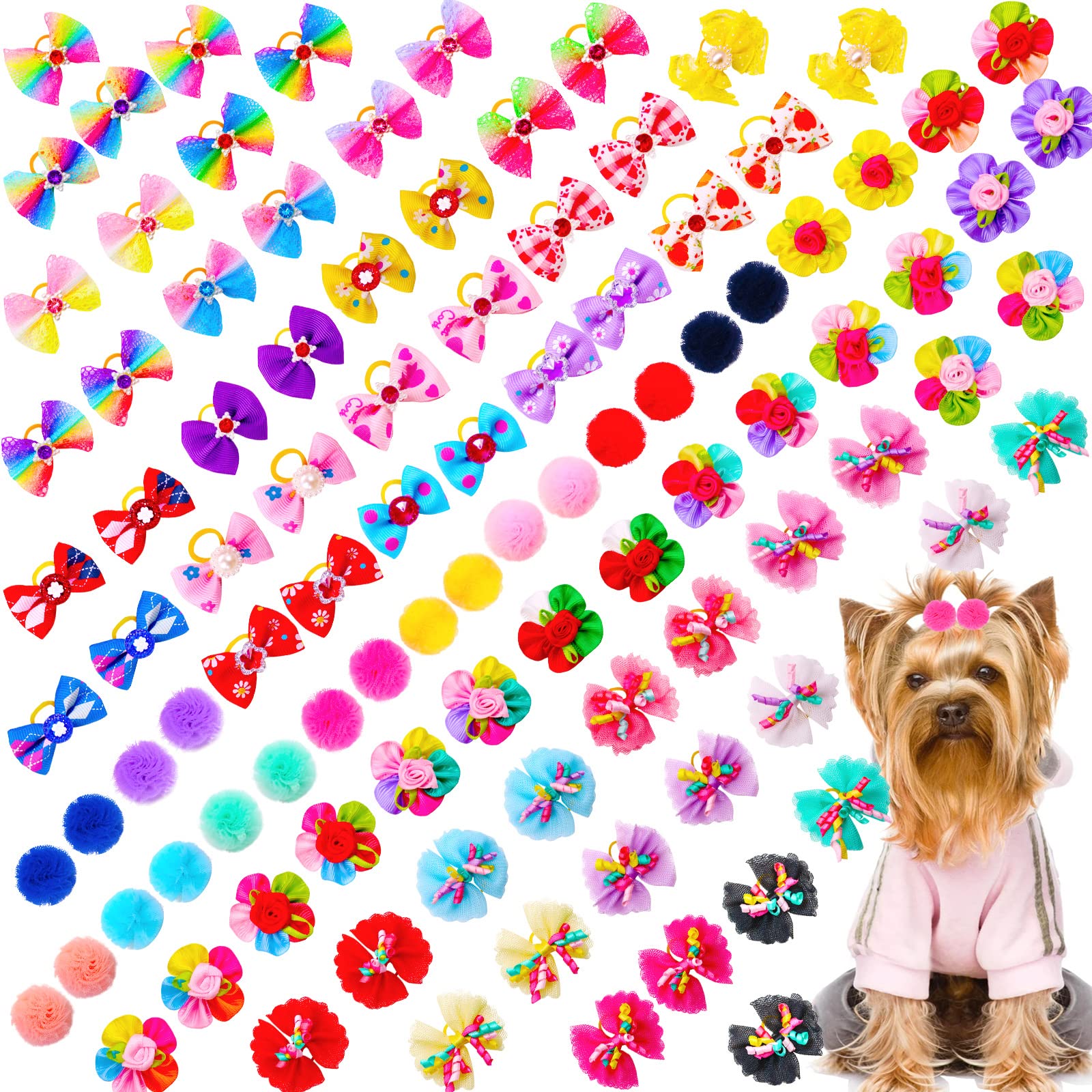 Mruq Pet 100Pcs Dog Hair Bows, Bulk Pet Small Dog Bows Girl With Rubber Bands, Tiny Dog Hair Grooming Bows, Mix Dainty Puppy Dog