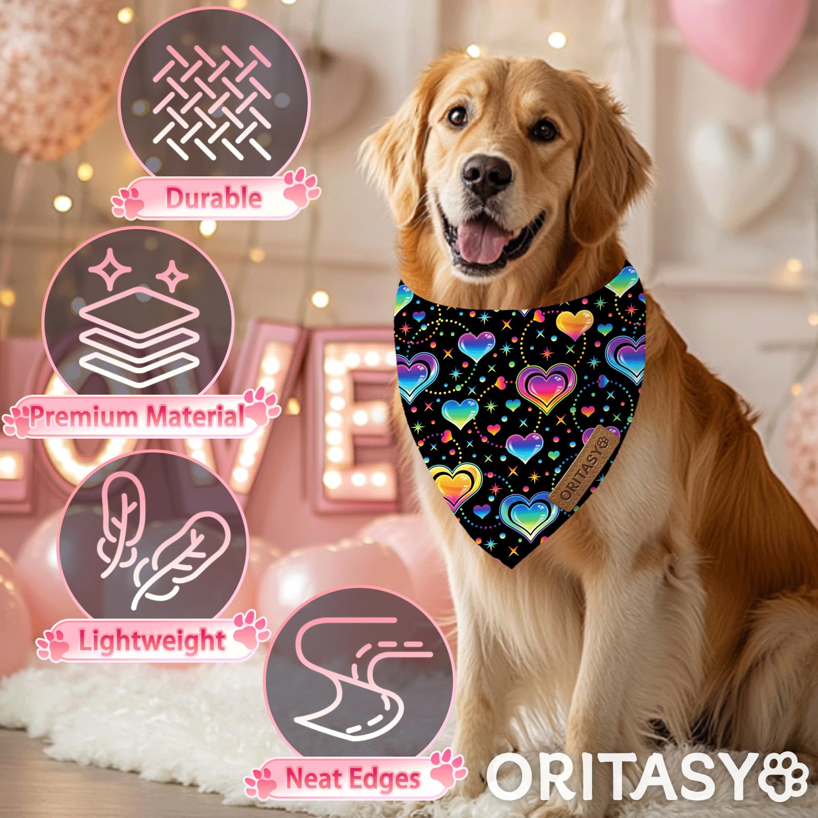 Oritasy Valentines Day Dog Bandanas, 2-Pack Triangle Reversible Love Pet Scarves, Premium Fabric Bandana (Large, Style 2)