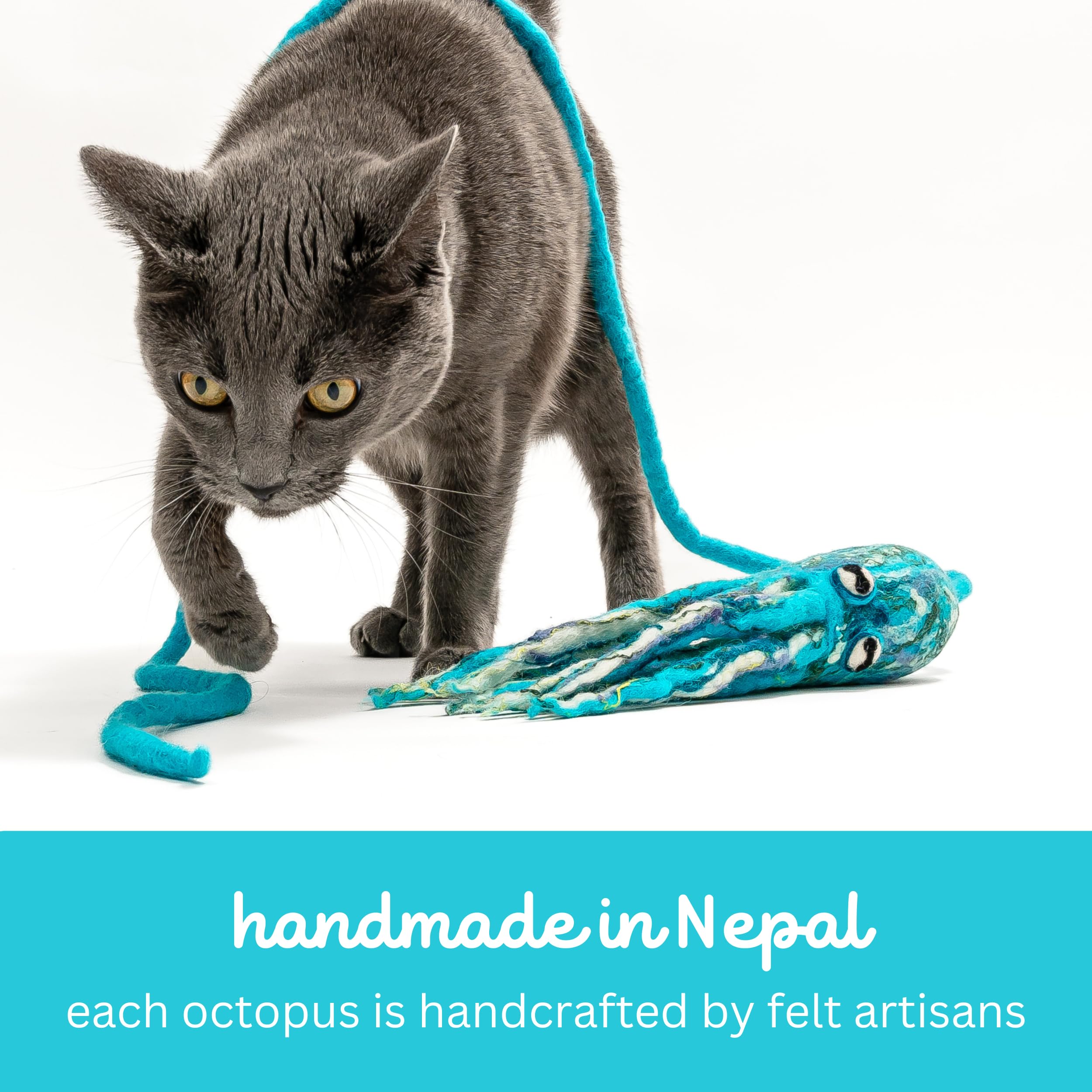 Cat in the Box Ink Floyd Wool Octopus Toy with a 4-Foot Tether for Indoor Cats and Kittens. Kicker Teaser Wand String Plush for