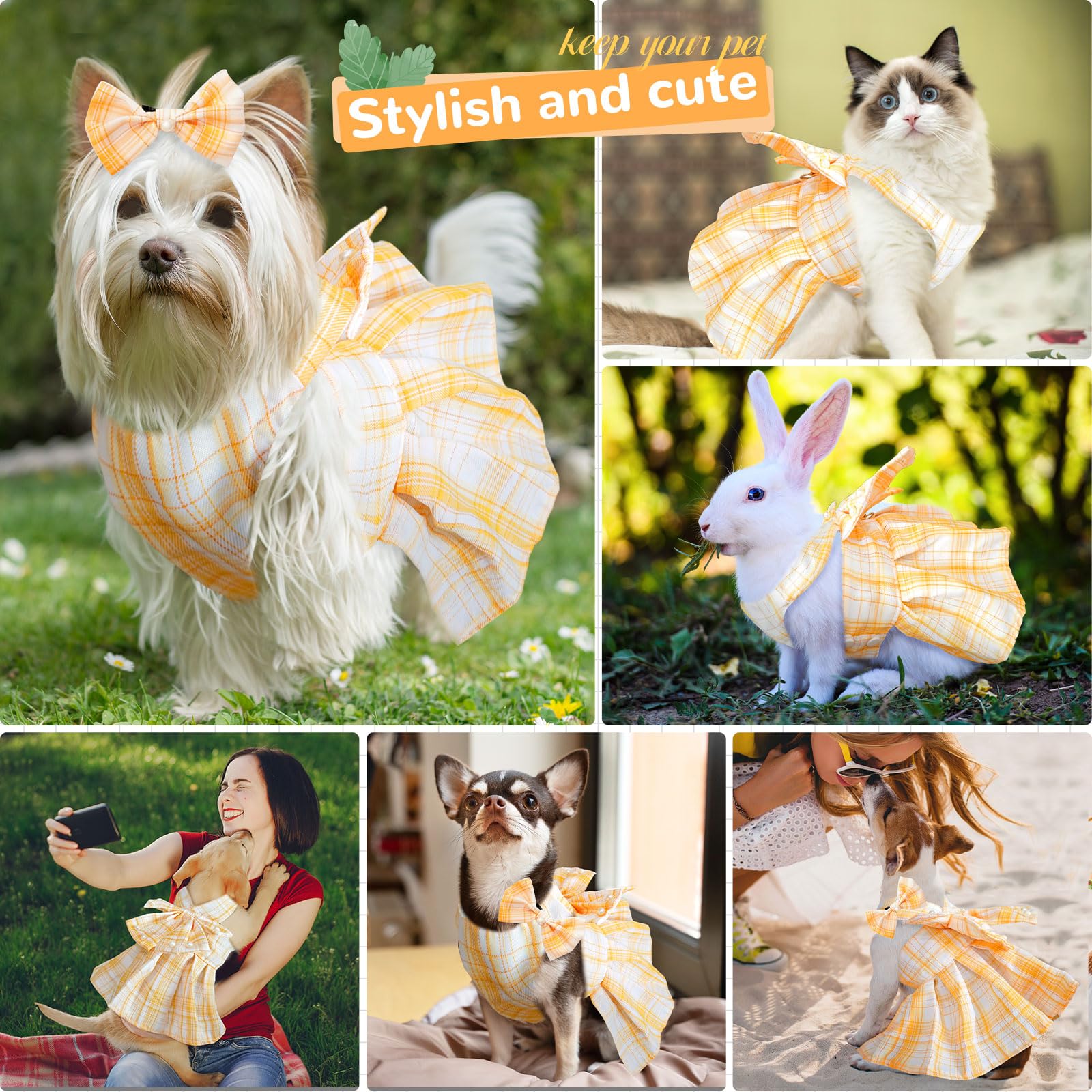 Petcare Cute Dog Dress Clothes For Small Dogs Cats Girl Female Yellow Plaid Bow Tie Dog Harness Dresses Leash Set With Pearls Bo