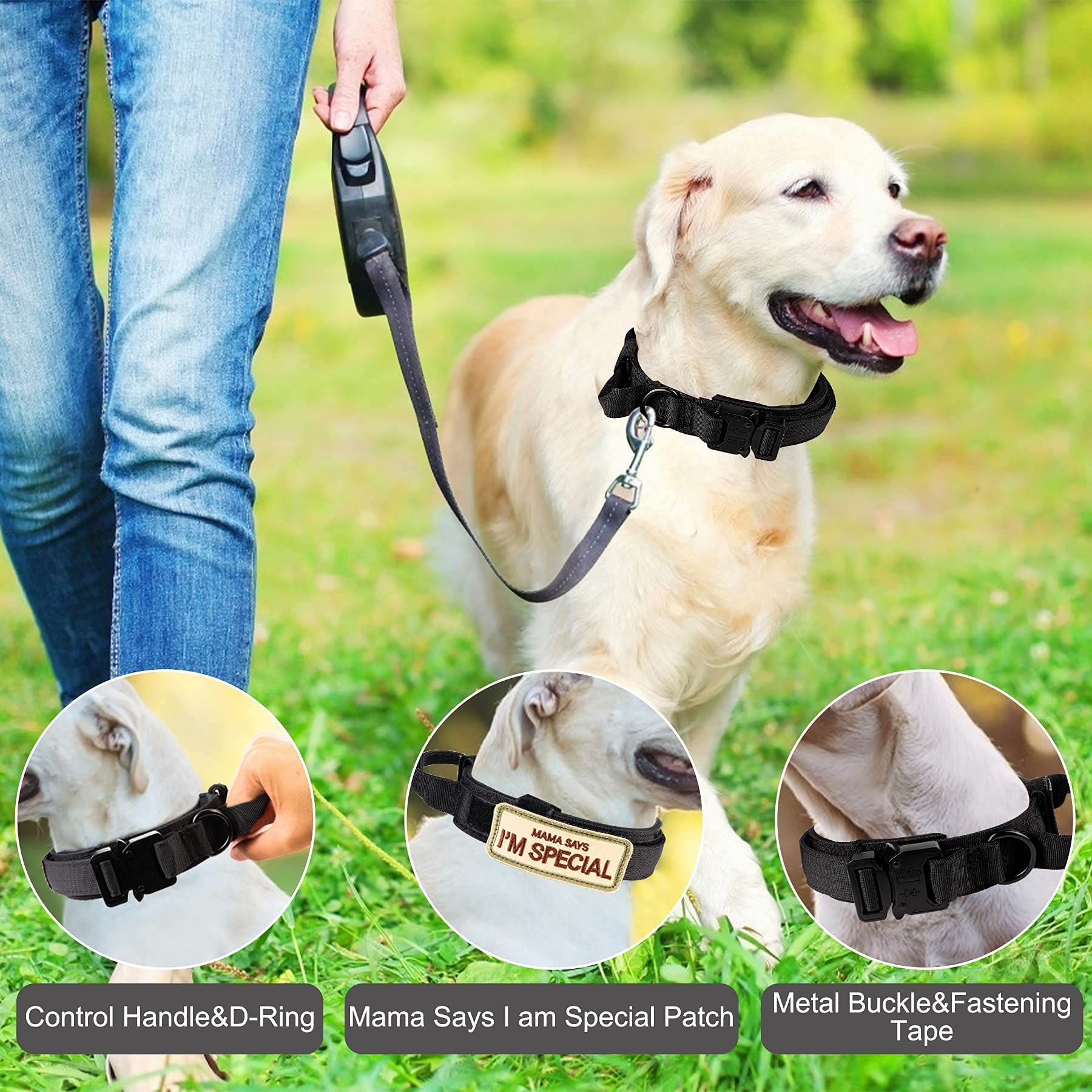 Tactical Dog Collar- Kcucop Military Dog Collar With Reflective Collar And American Flag Patch With Handle Heavy Duty Metal Buckle 1.5' Width Nylon Thick Adjustable K9 Collar(Pink Reflective-L)