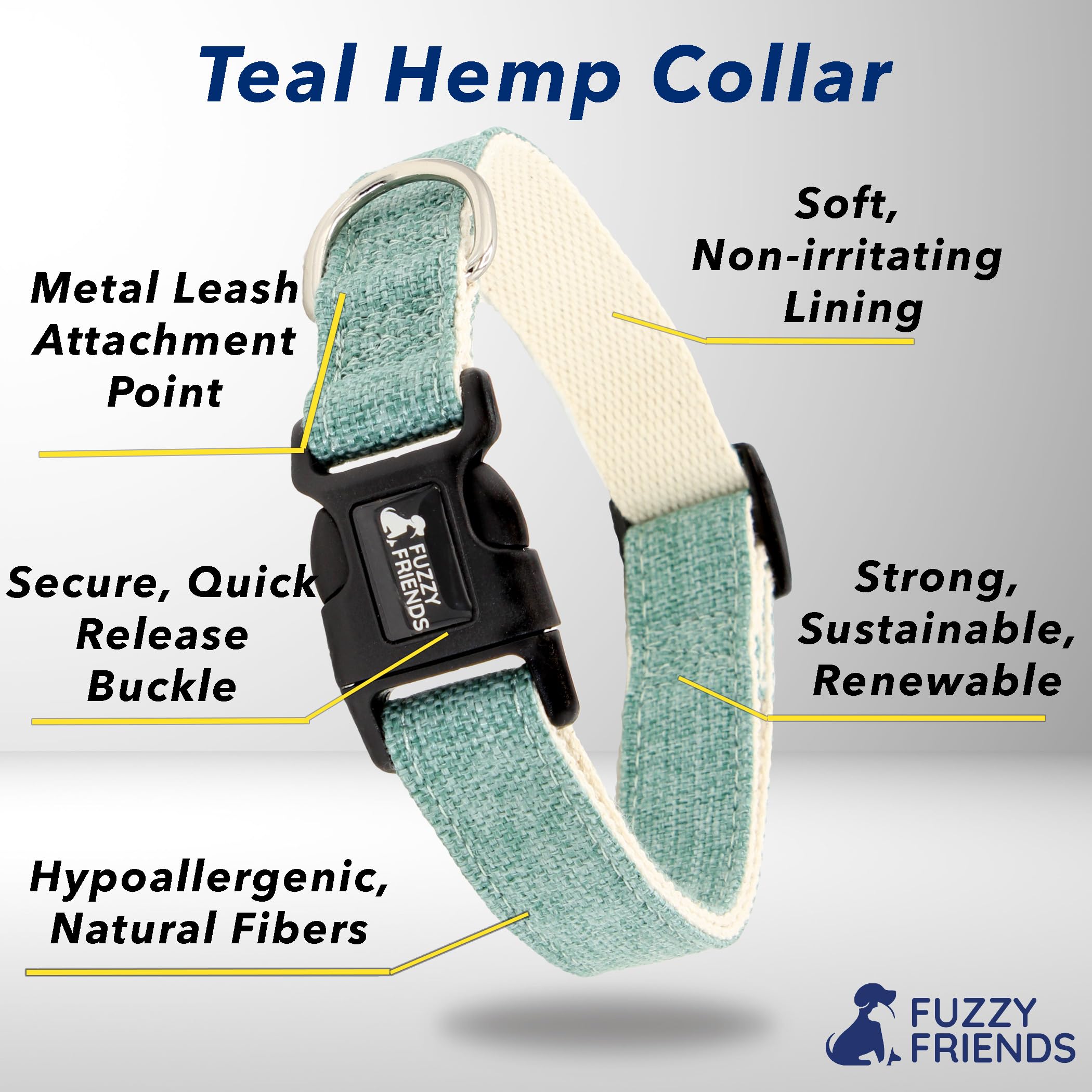 Fuzzy Friends Teal Hemp Dog Collar - Hypoallergenic Dog Collar - Comfortable for Sensitive Skin or Allergies with no Harsh Dyes