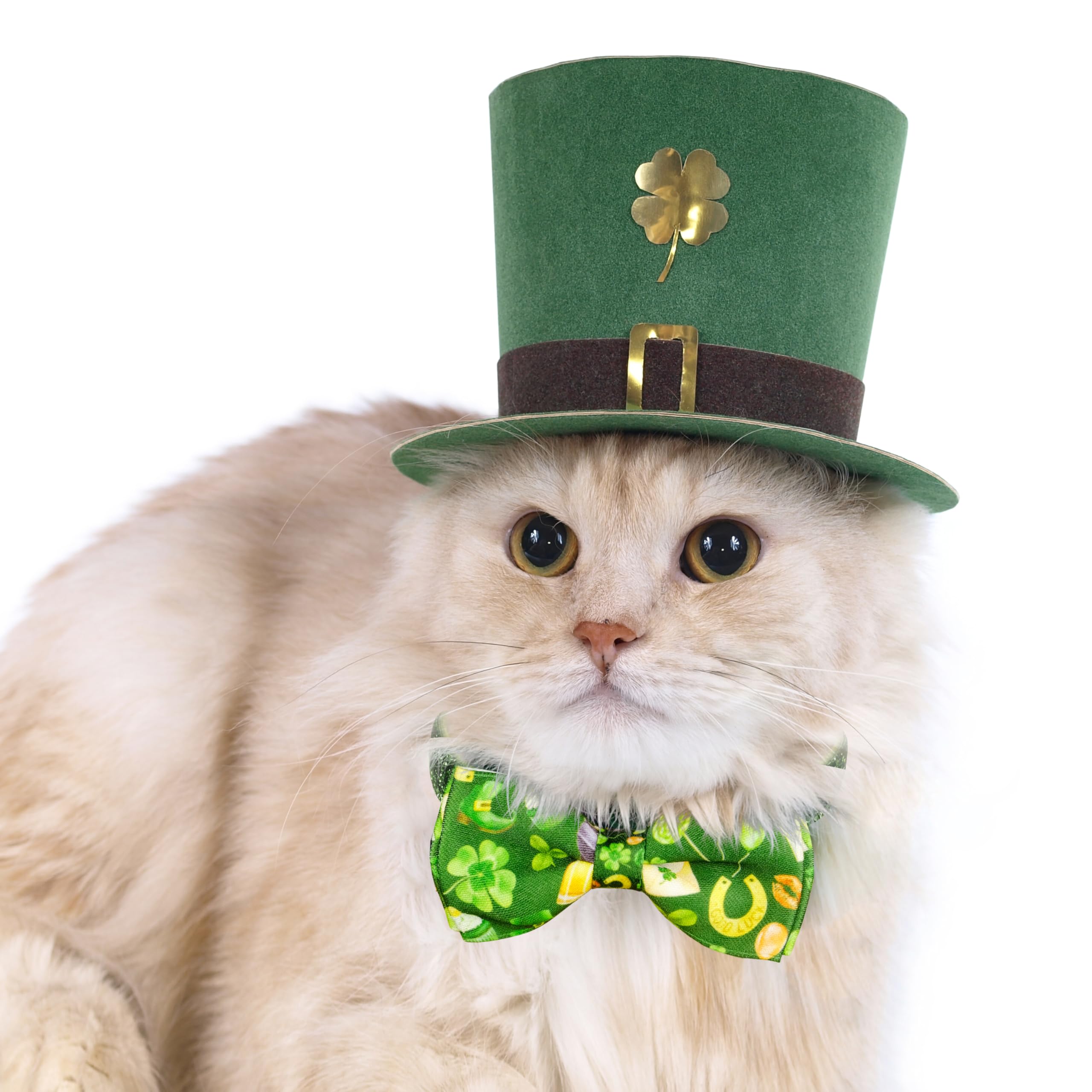 St. Patrick'S Day Cat Bowtie - Green Clover Pattern With Festive Holiday Charms For Cats & Small Pets, Adjustable Pet Collar Wit
