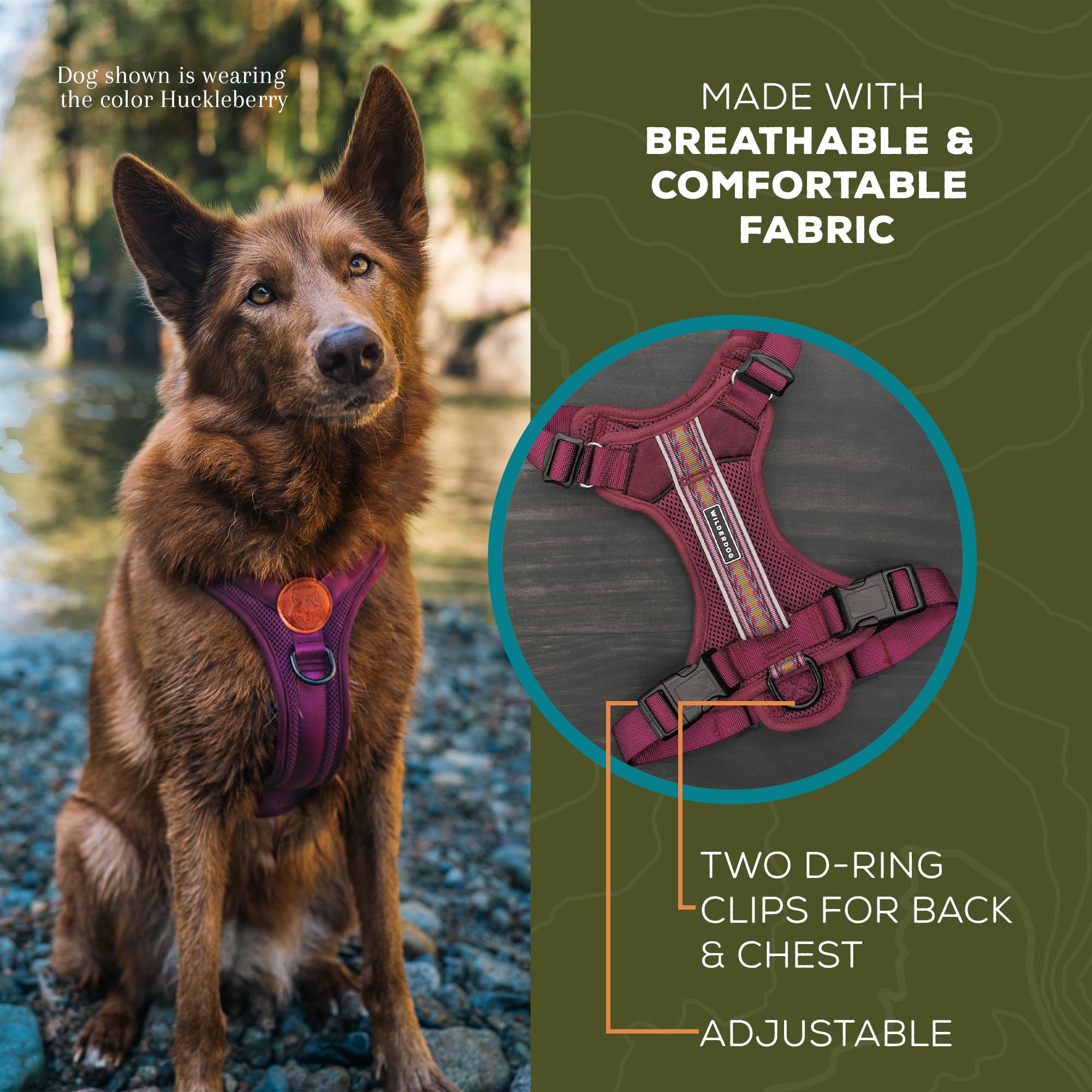 Wilderdog Lightweight Dog Harness With Reflective Straps - Large - Huckleberry