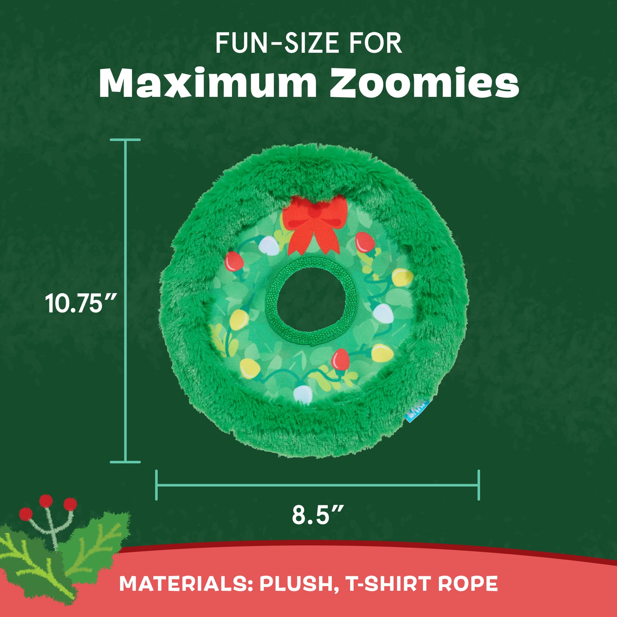 Barkbox Get Lit Wreath Dog Toy - Holiday Fetch & Fling Disc with T-Shirt Rope, Crazy Crinkle & Long Plush Hair - Durable Holiday