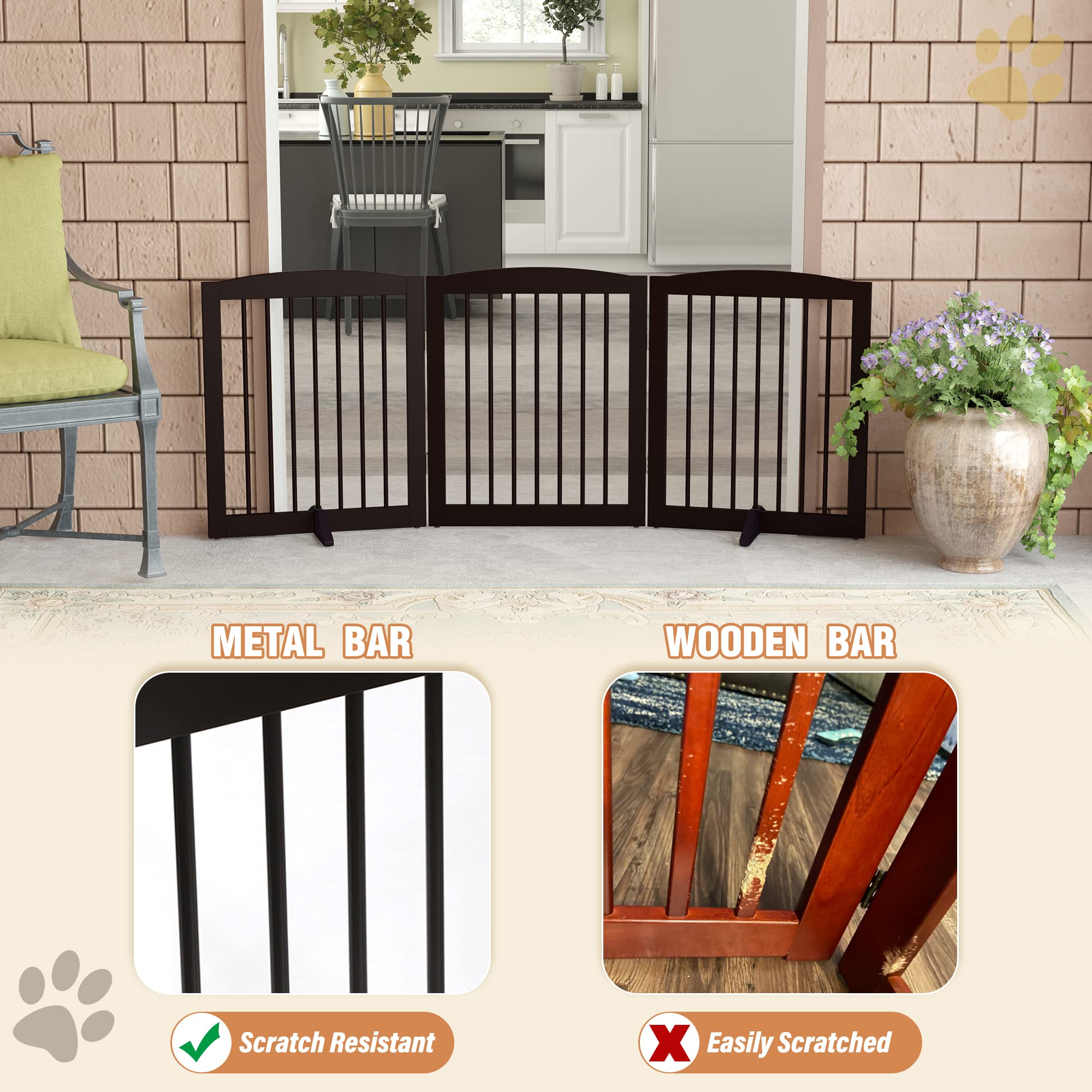 Pupetpo Freestanding Pet Gate For Dogs, Foldable Wooden Dog Gate For House, Indoor Dog Gate For Doorways, Stairs, Step Over Pet Puppy Safety Fence, Support Feet Included, 24' Height 3 Panels, Brown
