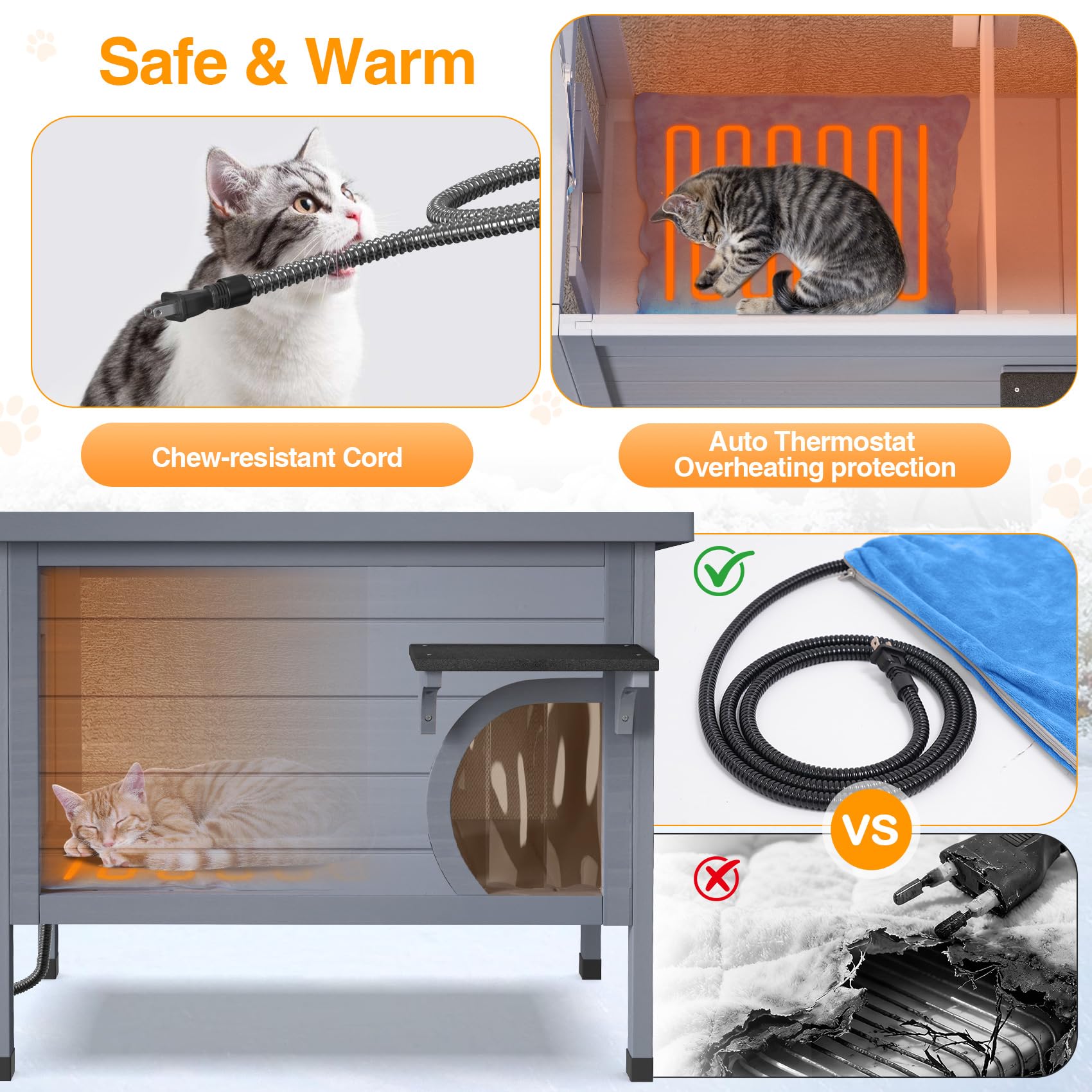 PETIMBER Outdoor Cat House - Heated Cat House for Outside, Wooden Insulated Cat Houses Outdoor, Winter Warm Cat Home Weatherproo