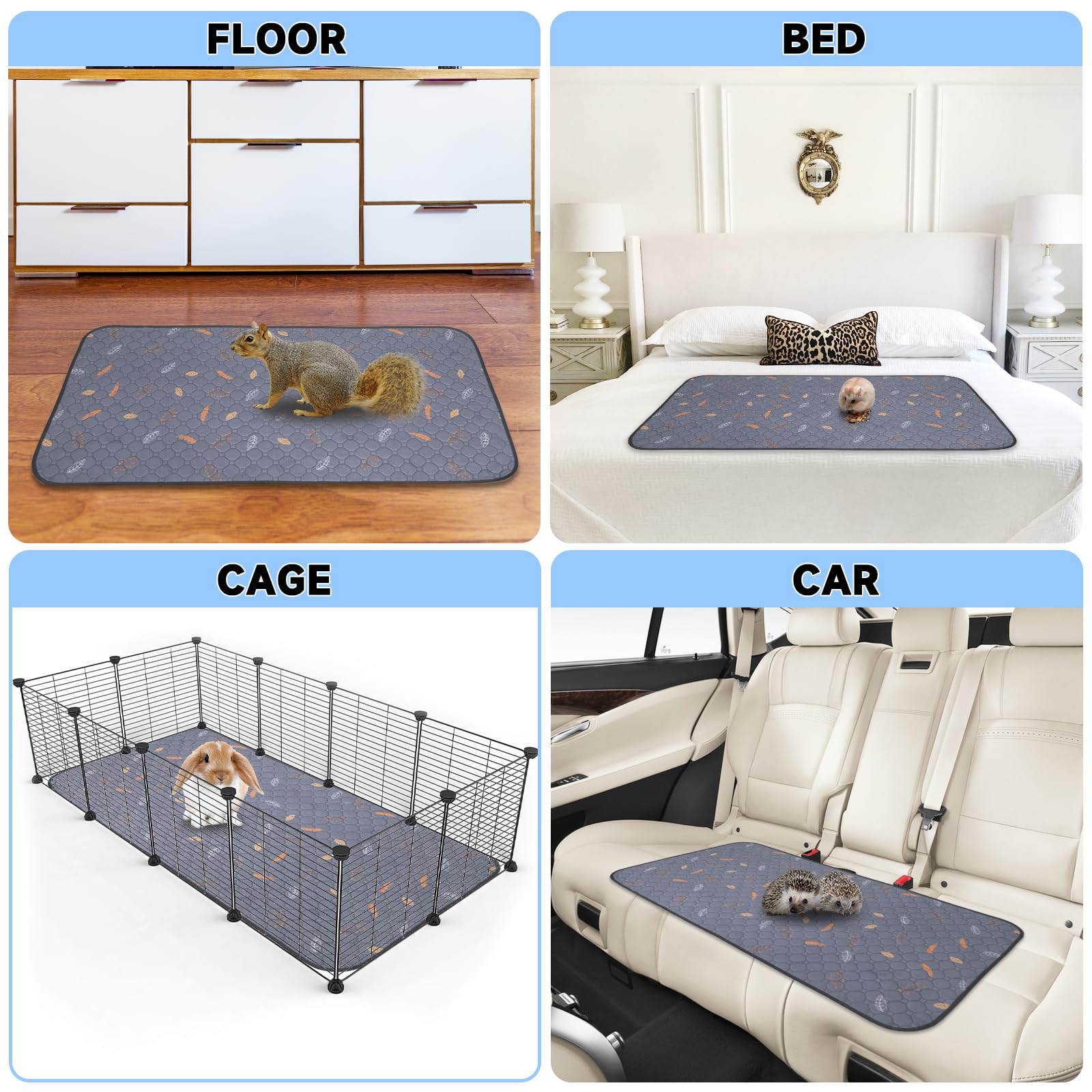 Sunheir 2 Pack Washable Guinea Pig Pee Pads, 24' X 48' Waterproof Reusable Guinea Pig Cage Liners, Absorbent Bedding Training Mat For Small Animal Guinea Pigs Rabbit Bunny Hamster (Leaves - Deep Grey)