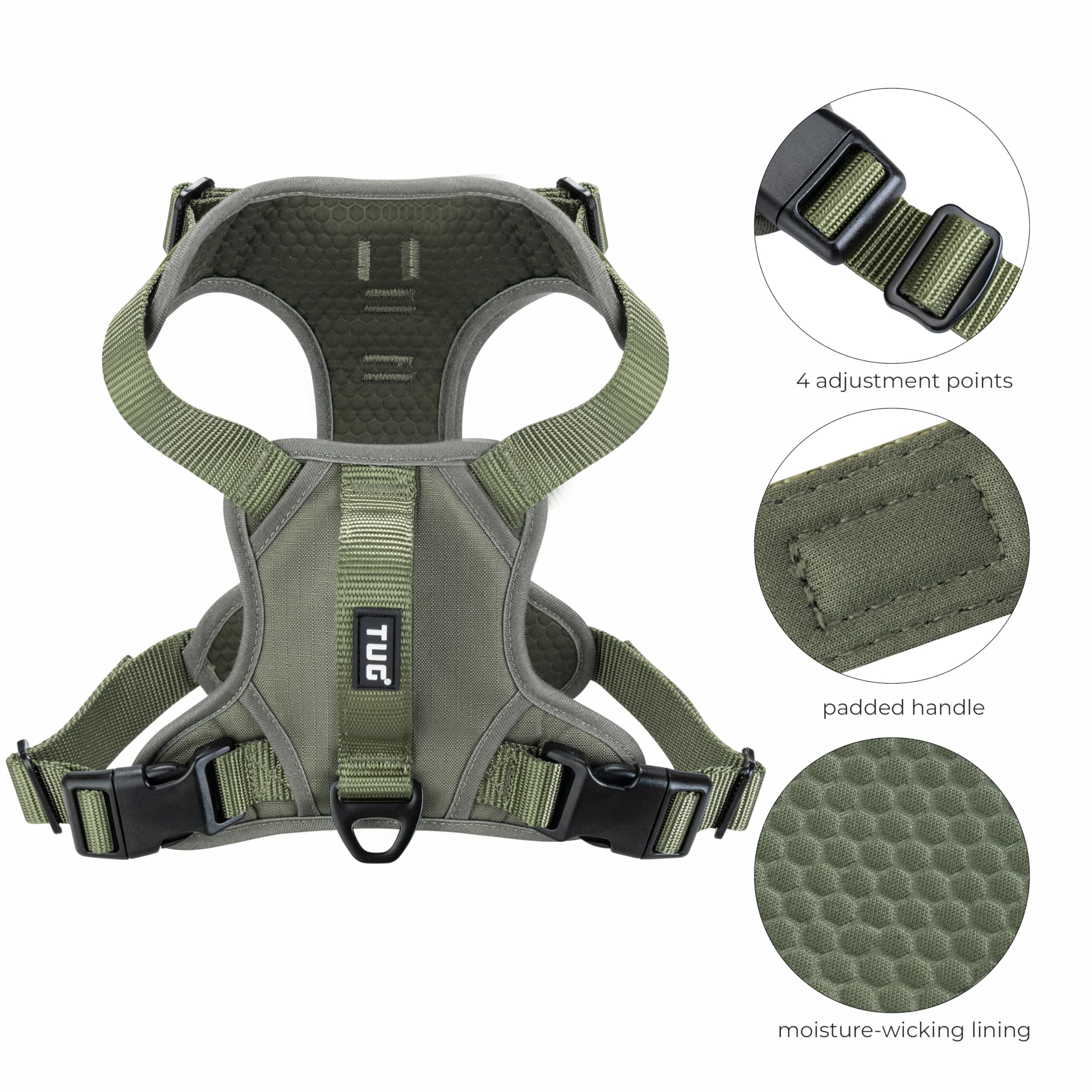 Tug Dog Harness With 2 Leash Connection Points | Adjustable, Padded, Lightweight | Handle On Back | No-Pull Front Clip (Large, G