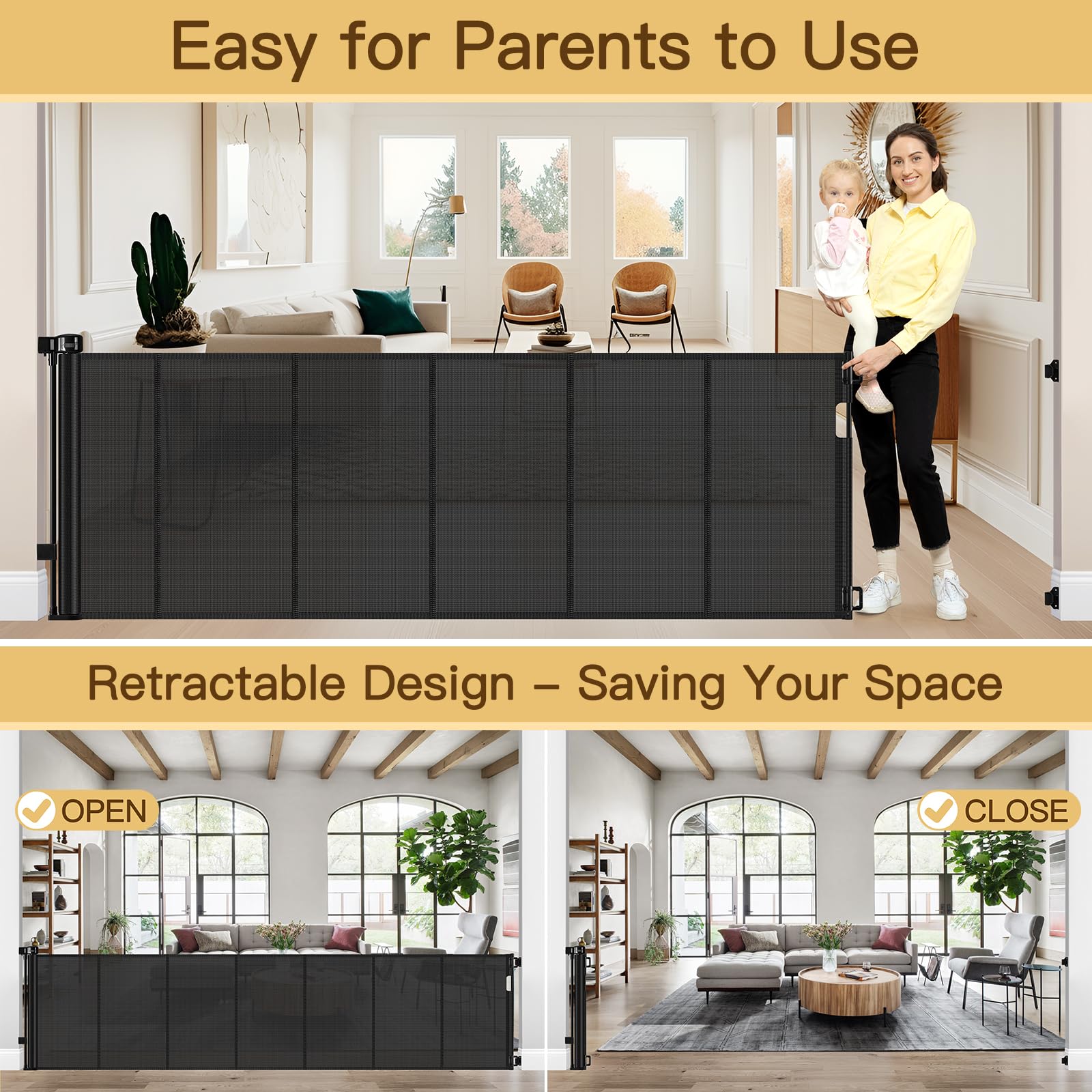 Reinforced 159 Inch Extra Wide Baby Gates for Large Openings Prevent Babies and Dogs from Crawling Through Retractable Baby Gate