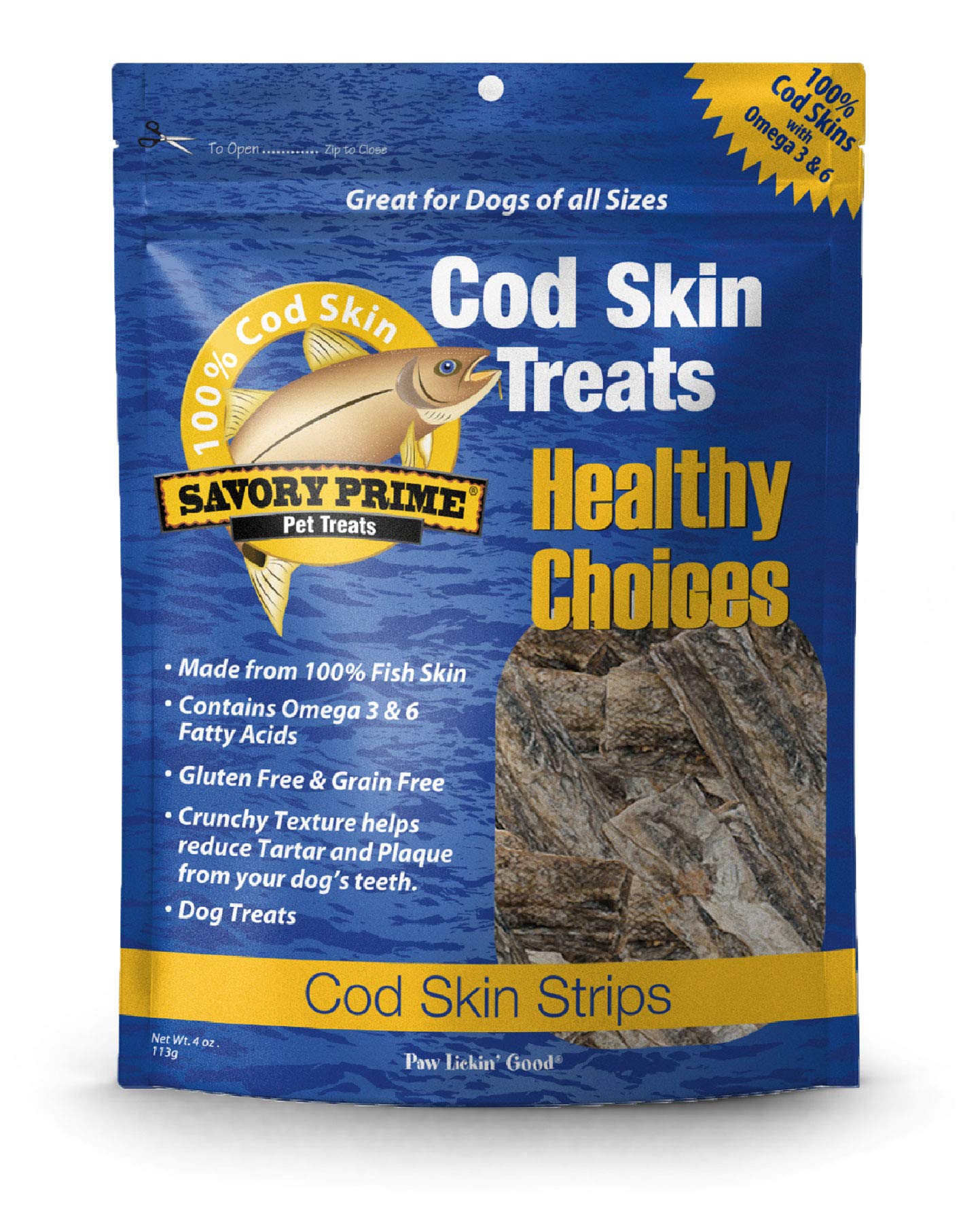 Savory Prime Cod Skin Fish Strips, 4-Ounce, All Breed Sizes (49662004)