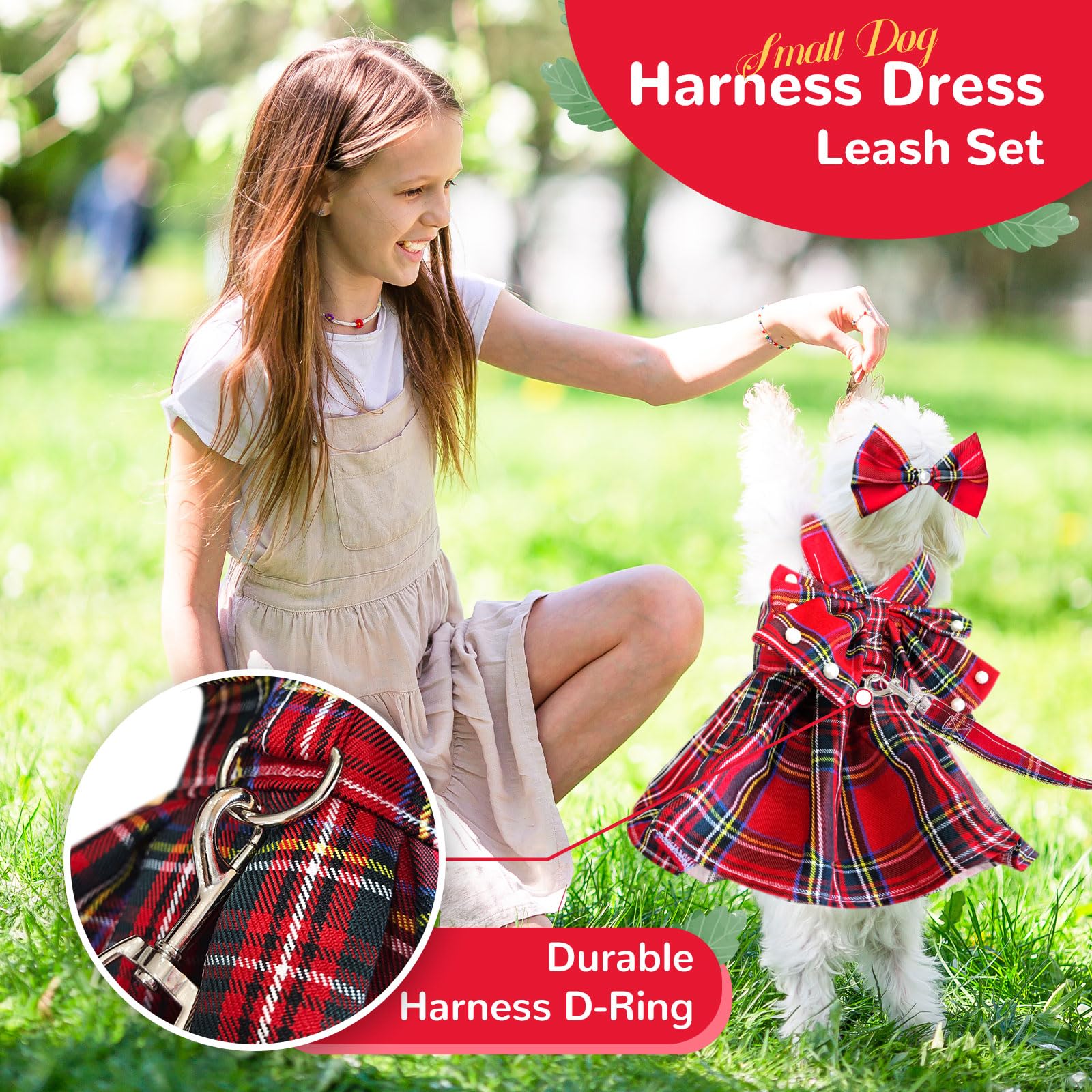 Petcare Cute Dog Dress Clothes For Small Dogs Cats Girl Female Red Plaid Bow Tie Dog Harness Dresses Leash Set With Pearls Bow A