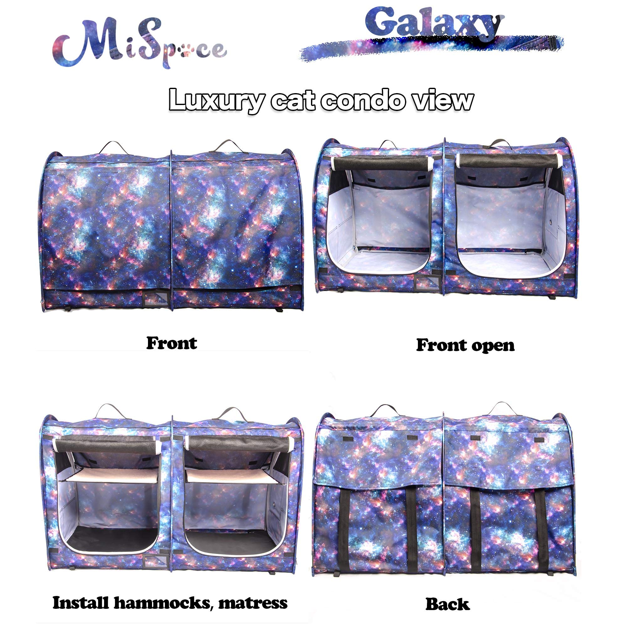 Mispace Portable Twin Compartment Show House Cat Cage/Condo - Easy To Fold & Carry Kennel - Comfy Puppy Home & Dog Travel Crate With Portable Carry Bag/Two Hammocks/Mats And Collapsible Litter Box