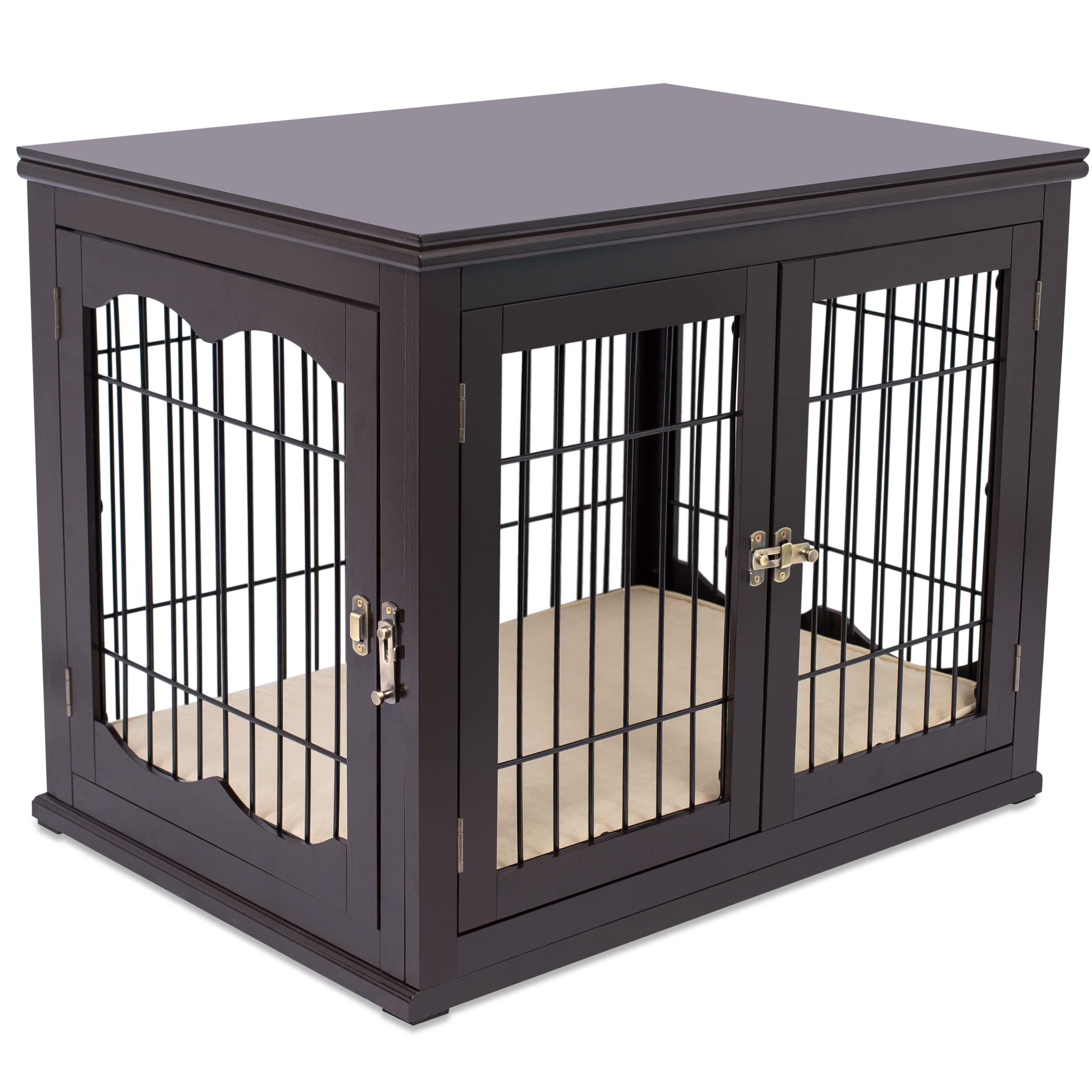 Internet'S Best Decorative Dog Kennel With Pet Bed, Small Pet House, Double Door Indoor Crate, Engineered Wood & Wire Furniture, Side Table & Nightstand, Fits Small Dogs - Espresso