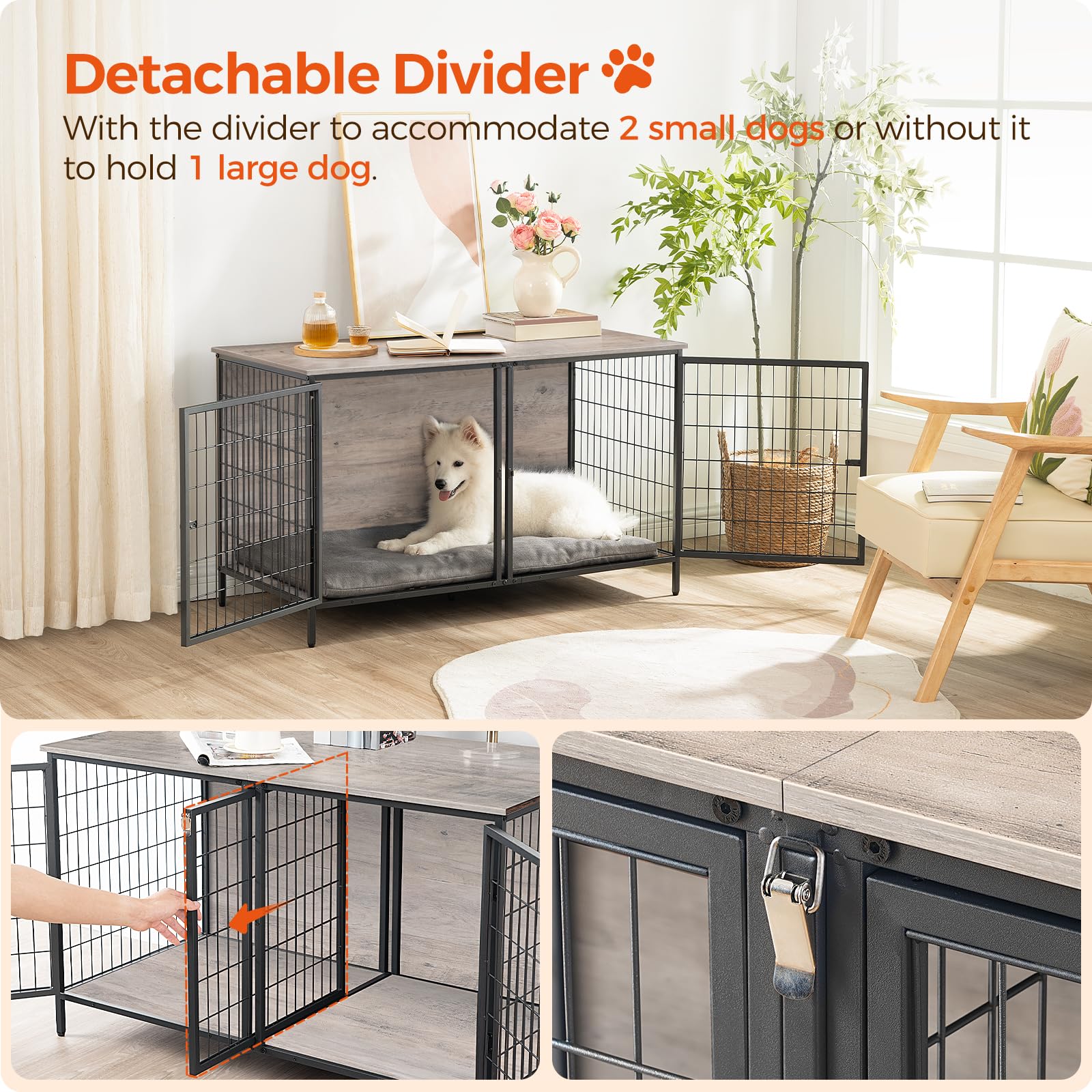 MAHANCRIS Dog Crate Furniture for 2 Dogs, 43.3 Dog Kennel with Removable Divider, Heavy Duty Wooden Dog Kennel for Small Medium