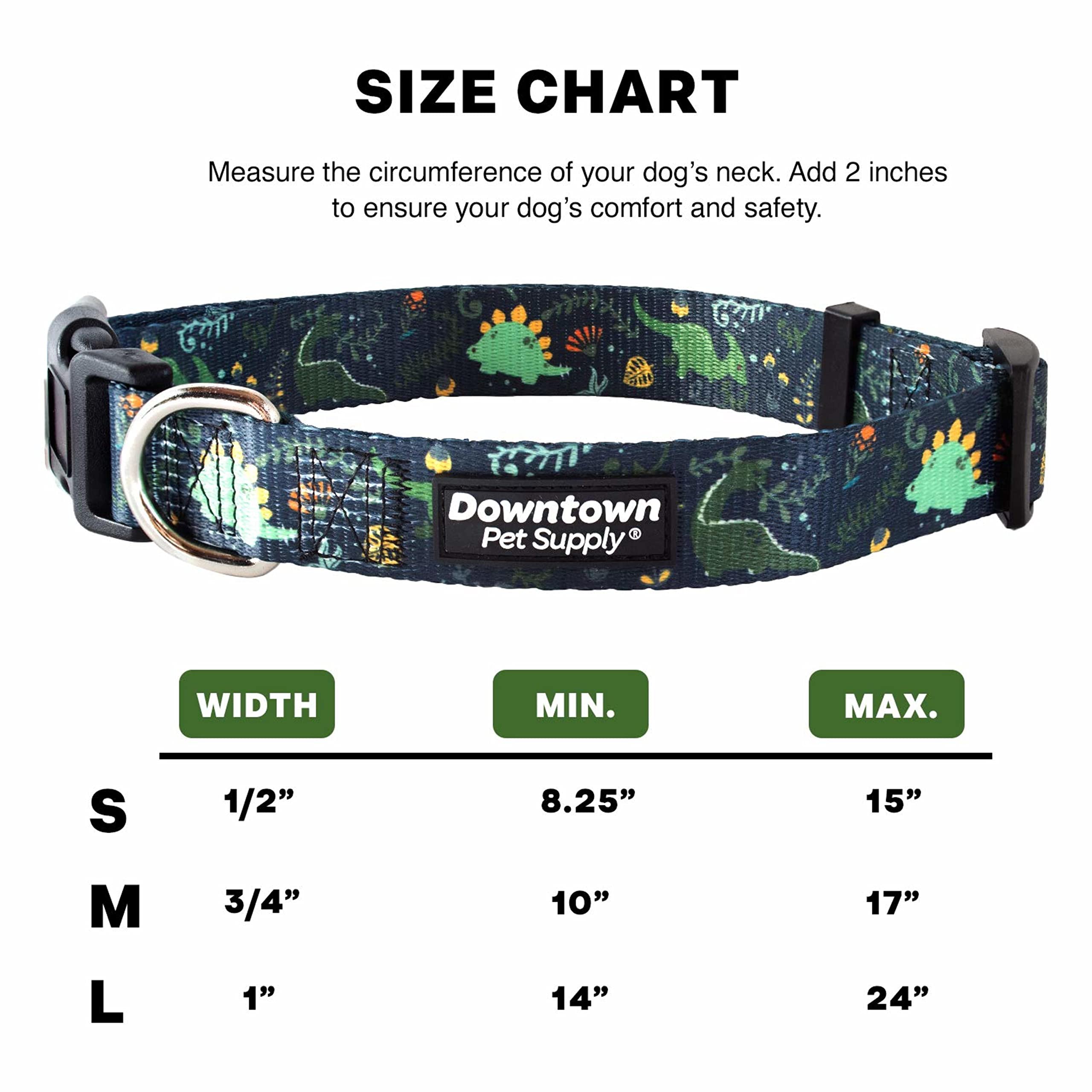 Downtown Pet Supply - Best, Cute & Fancy Adjustable Dog Collar - Lightweight With Quick Buckle & D-Ring - Hand Wash Safe - Dino