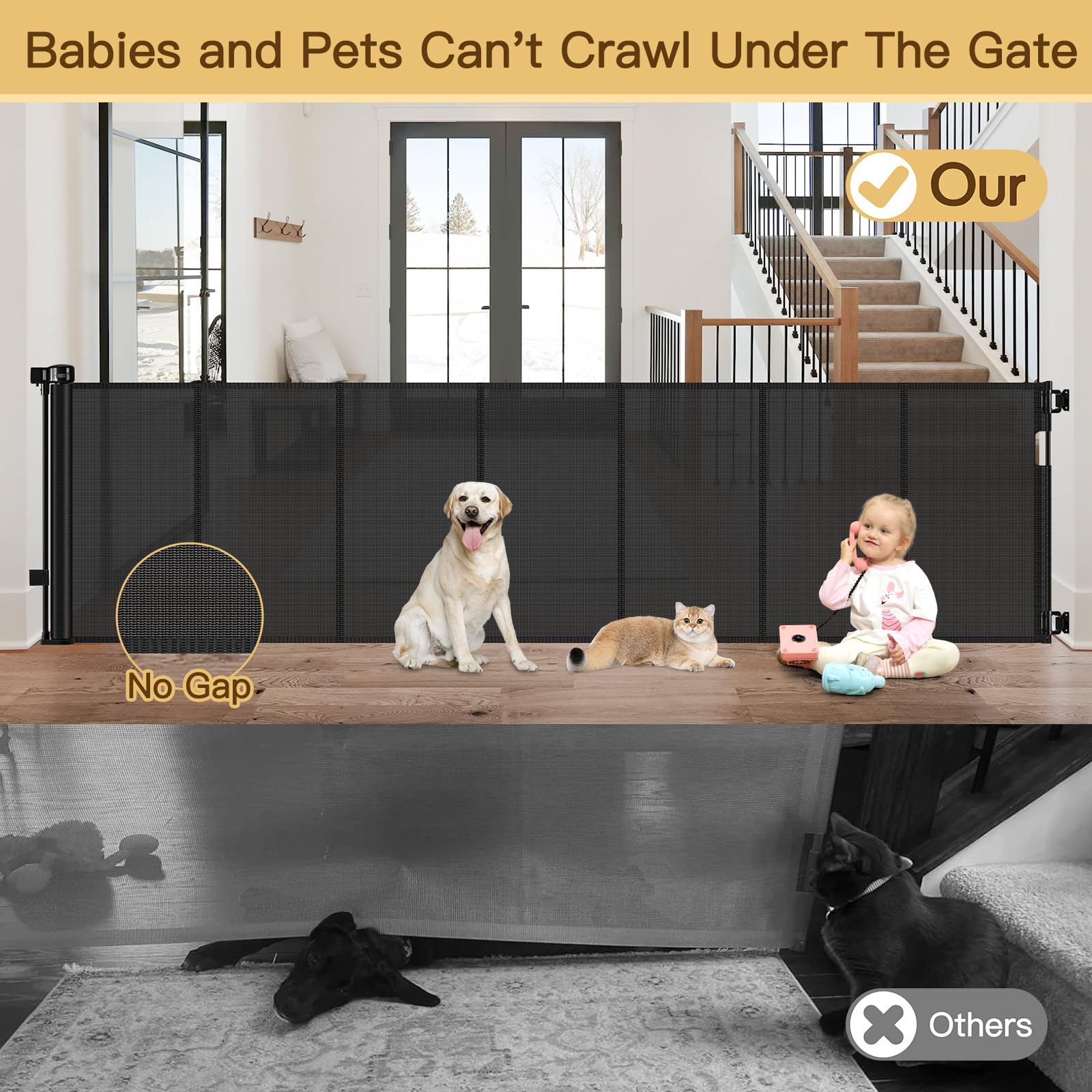 Reinforced 159 Inch Extra Wide Baby Gates for Large Openings Prevent Babies and Dogs from Crawling Through Retractable Baby Gate